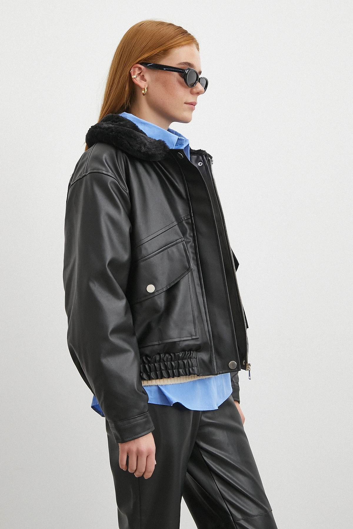 Peluş Astar Detaylı Deri Mont Siyah