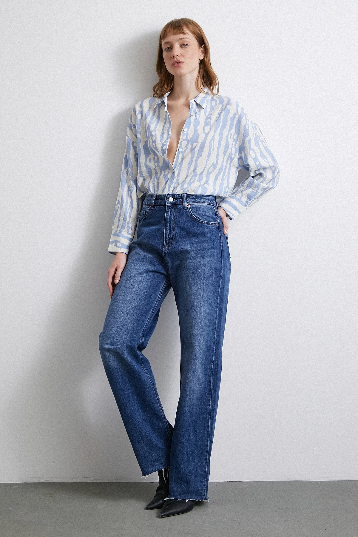 Zebra Desen Modal Gömlek Mavi