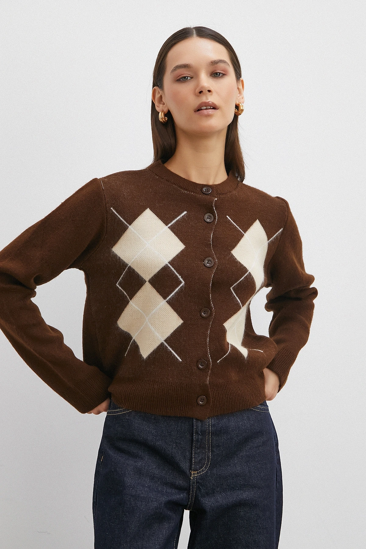 Düğmeli Baklava Desenli Hırka Kahve