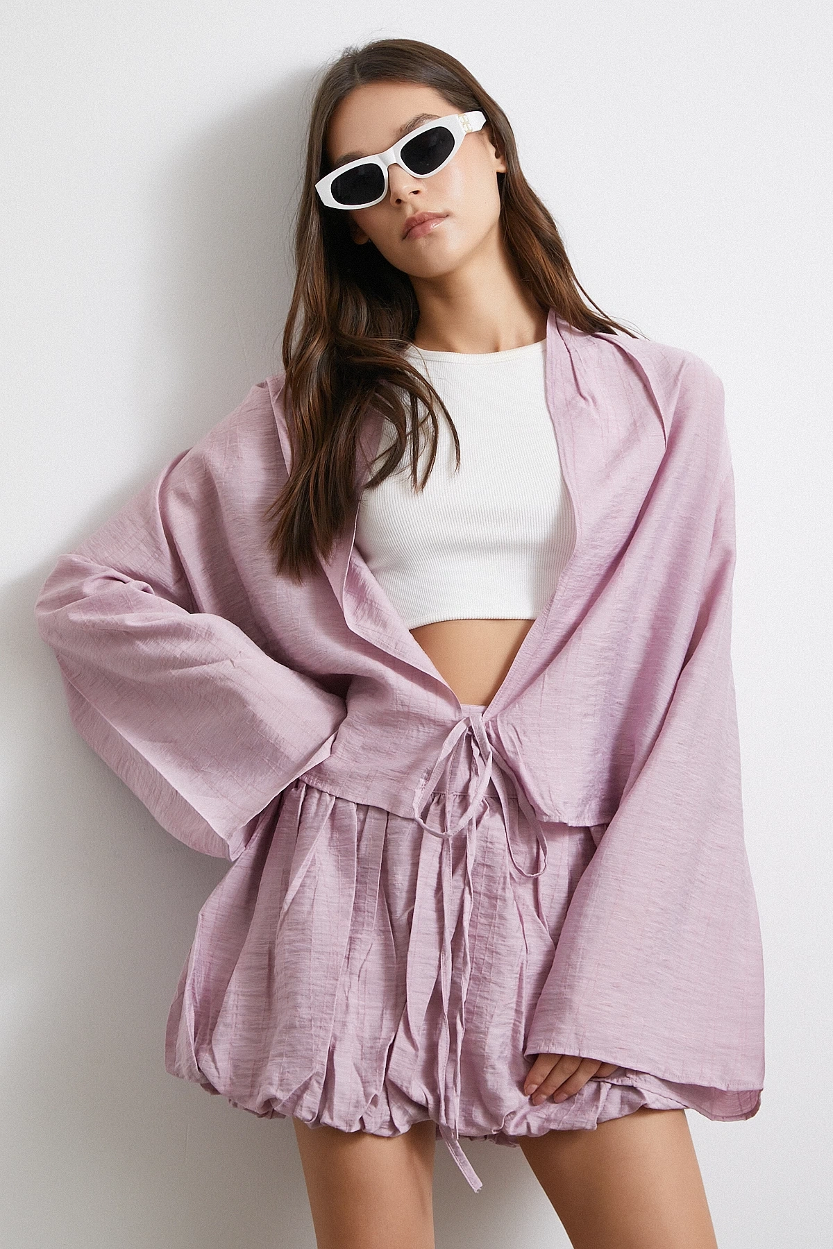 Geniş Kol Önden Bağlamalı Bluz Lila