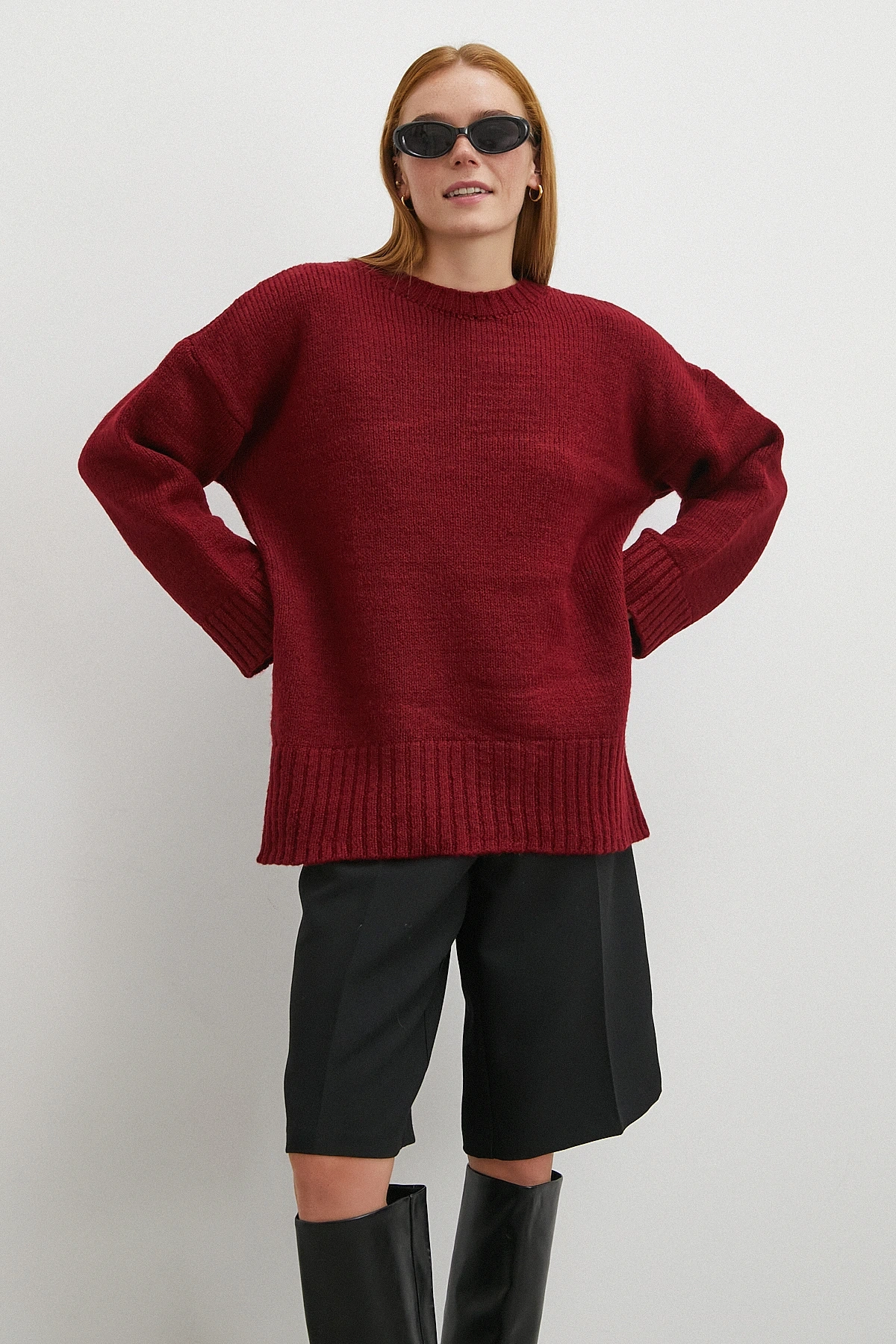 Bisiklet Yaka Fitilli Triko Kazak Bordo