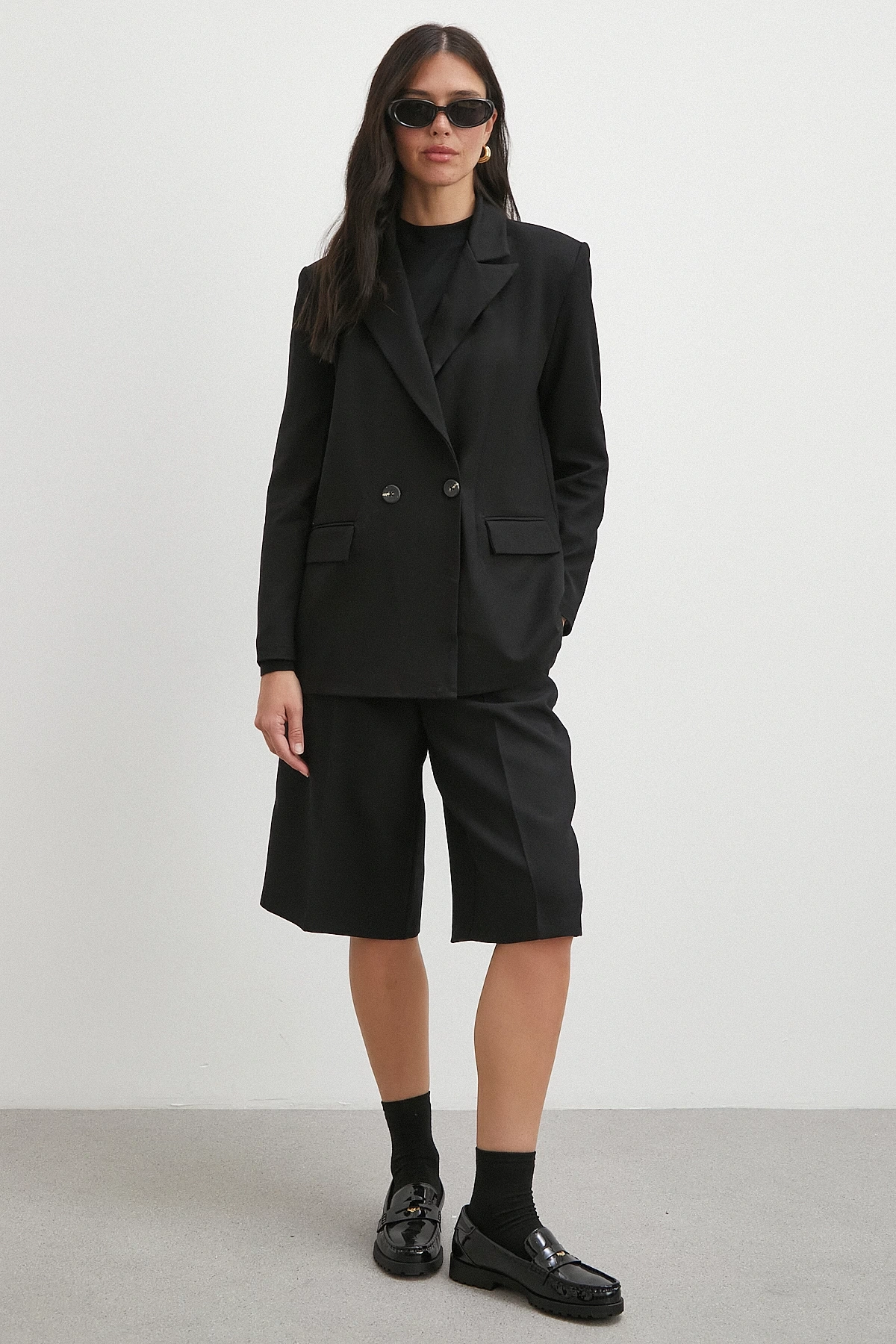 Çift Dügmeli Cep Kapaklı Blazer Ceket Siyah