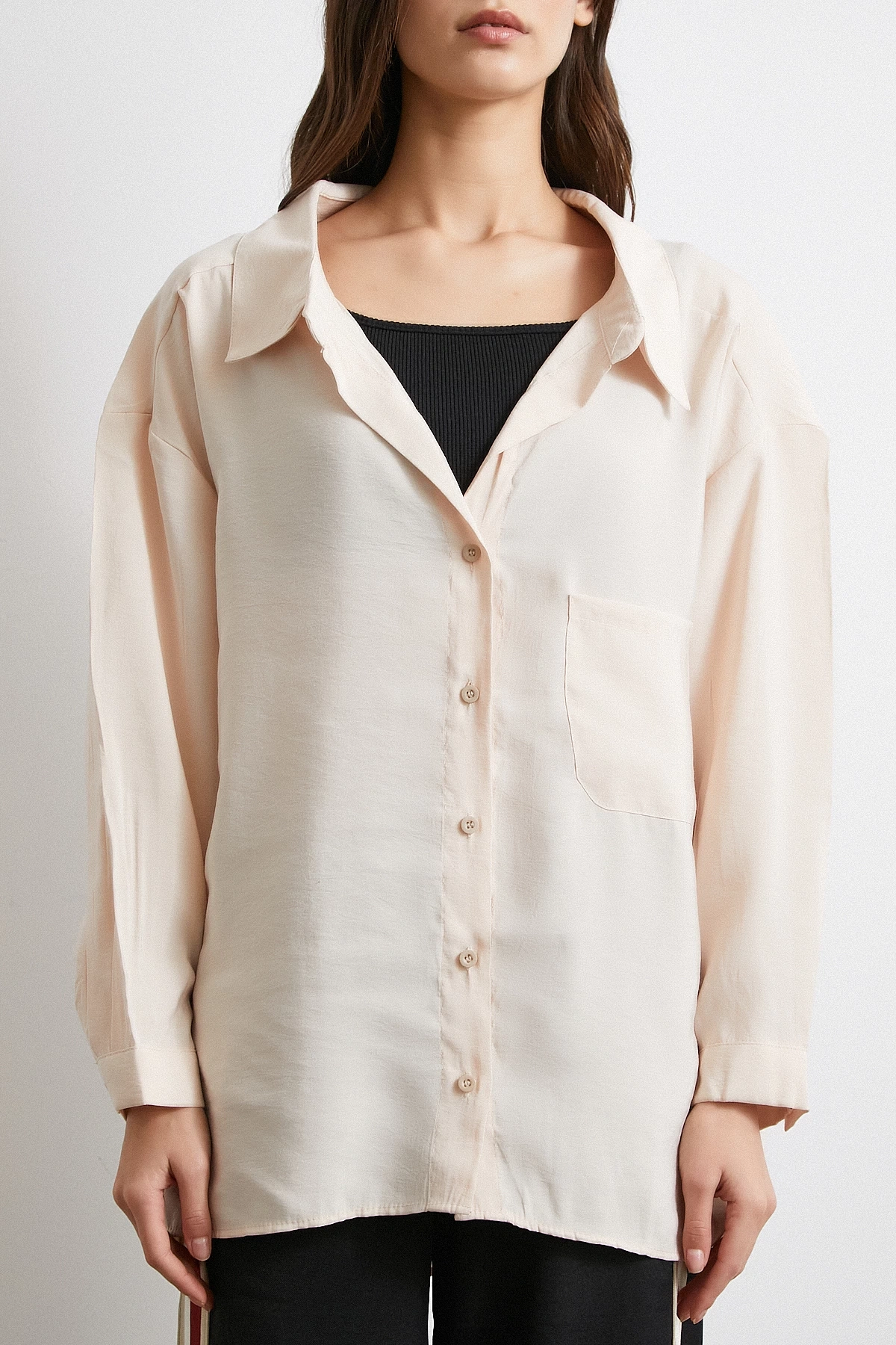 Oversize Cepli Modal Gömlek Bej