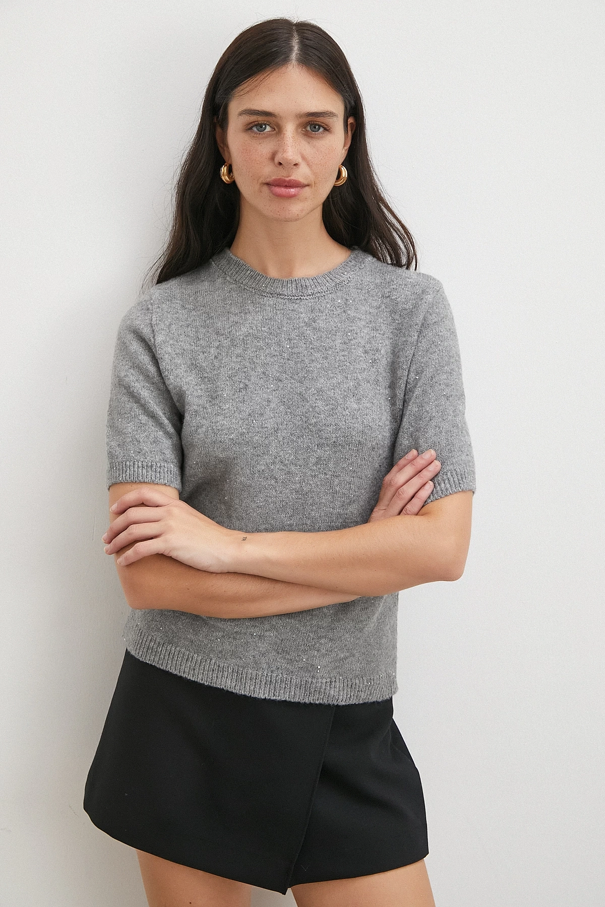 Simli Kısa Kol Kazak Gri