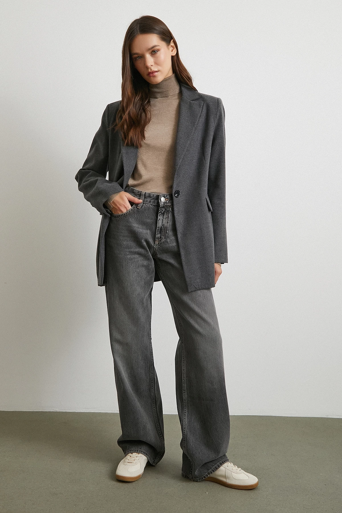 Beş Cepli Yüksek Bel Jean Gri