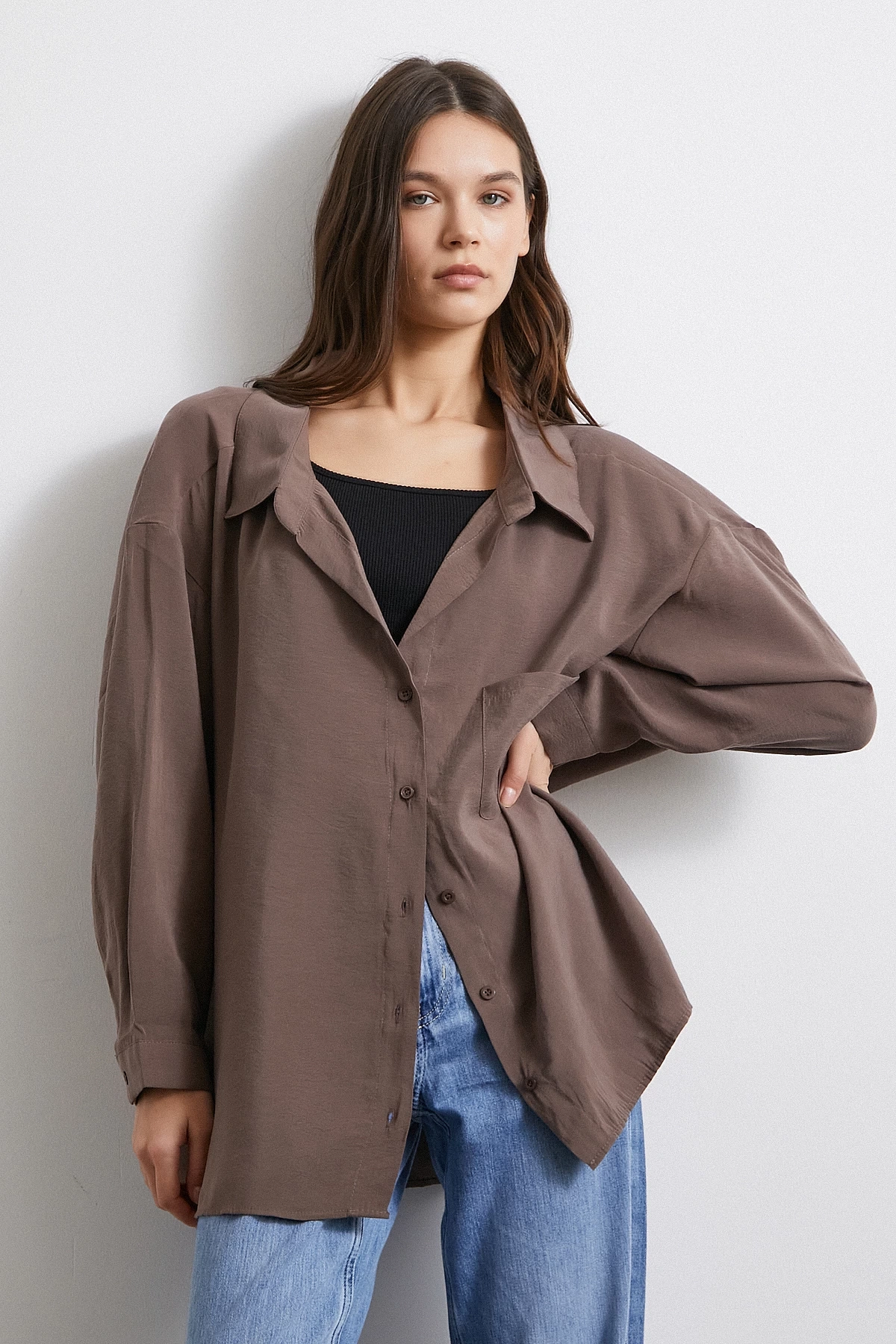 Oversize Cepli Modal Gömlek Kahve