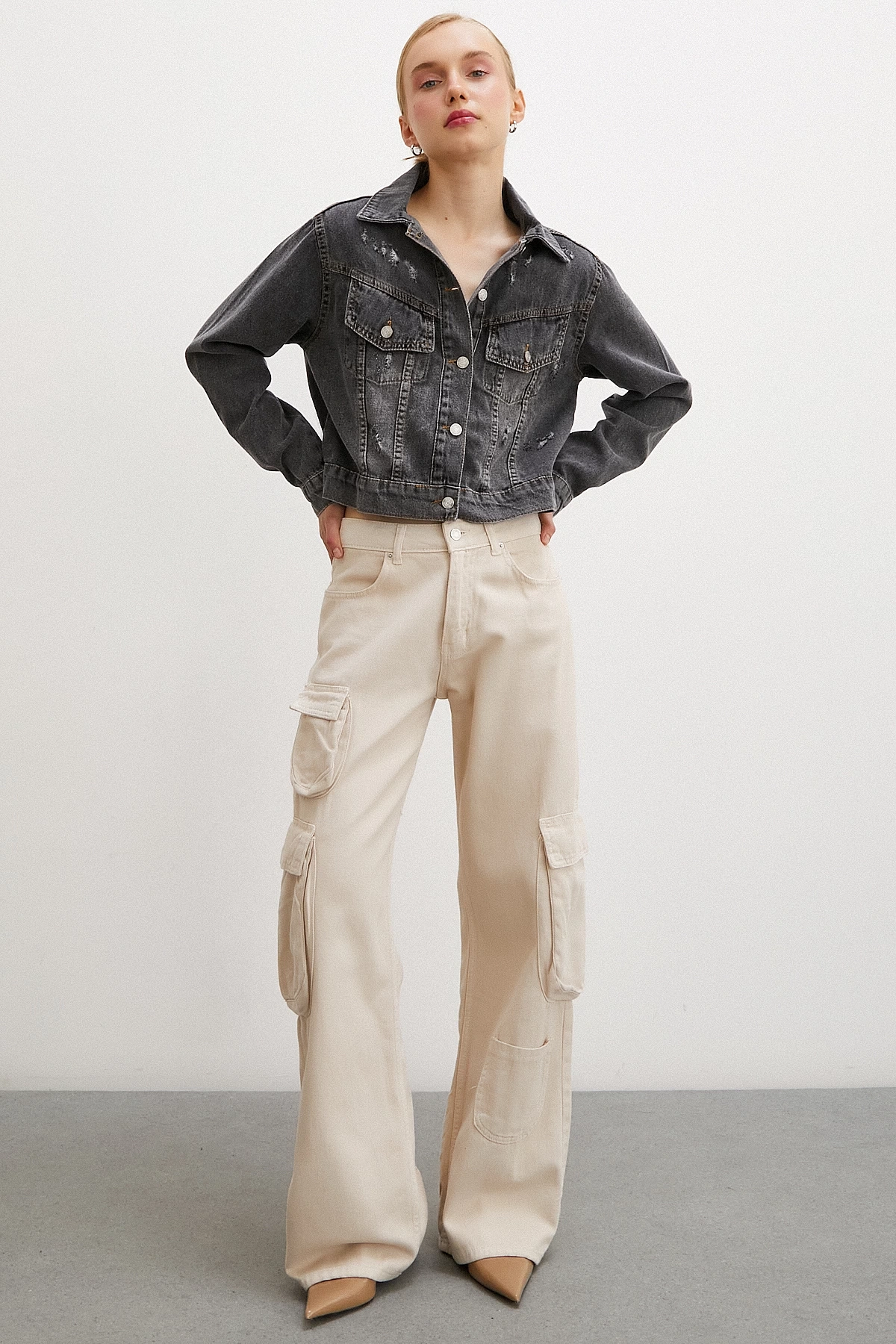 Sırtı Nakışlı Kot Mont Antirasit