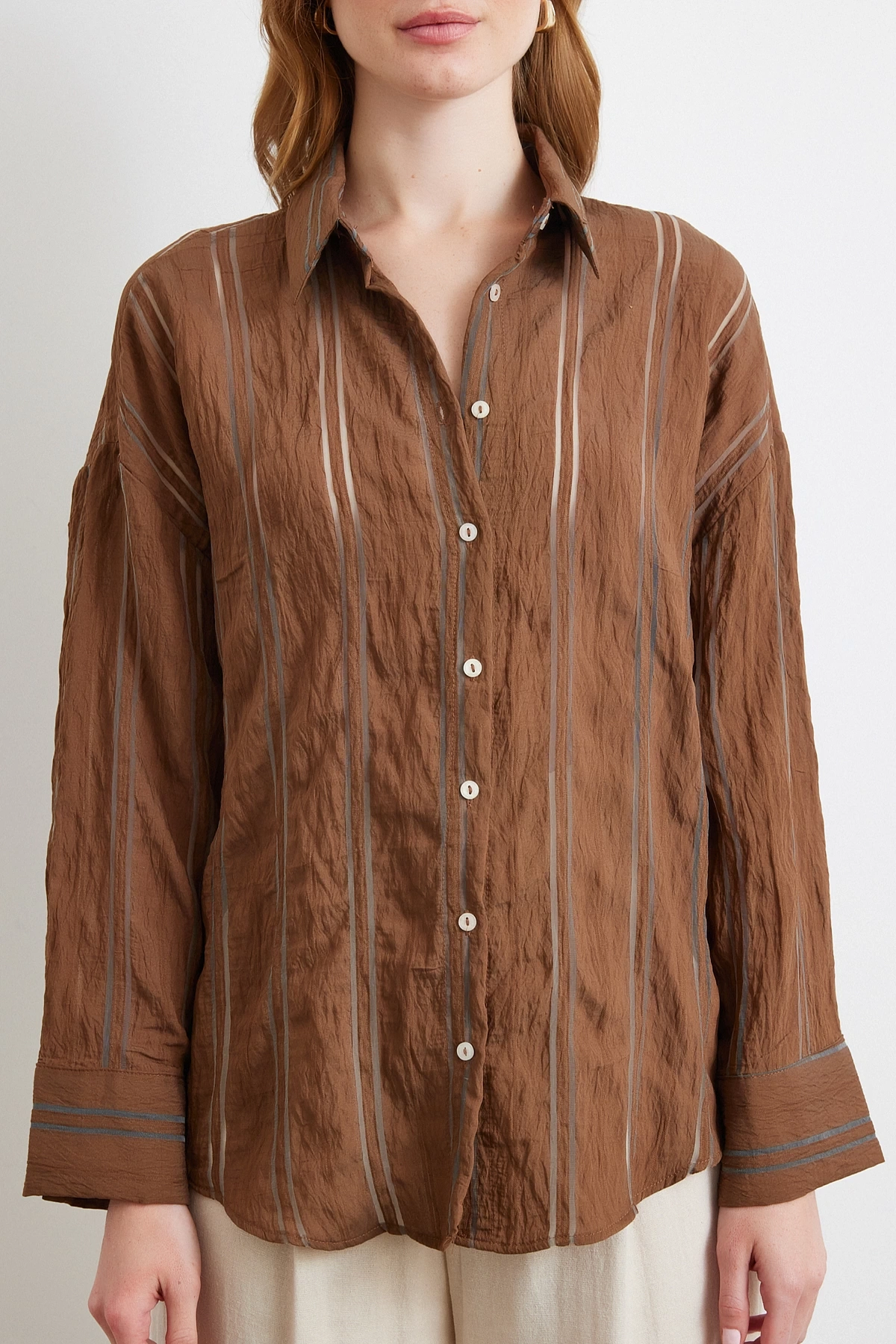 Organze Çizgili Gömlek Kahve