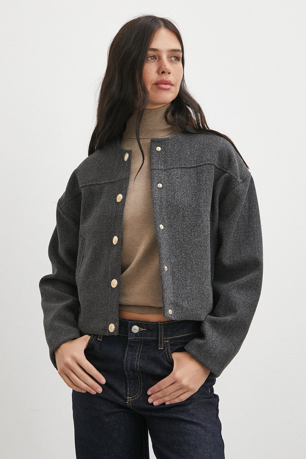 Beli Lastikli Düğmeli Bomber Ceket Antirasit