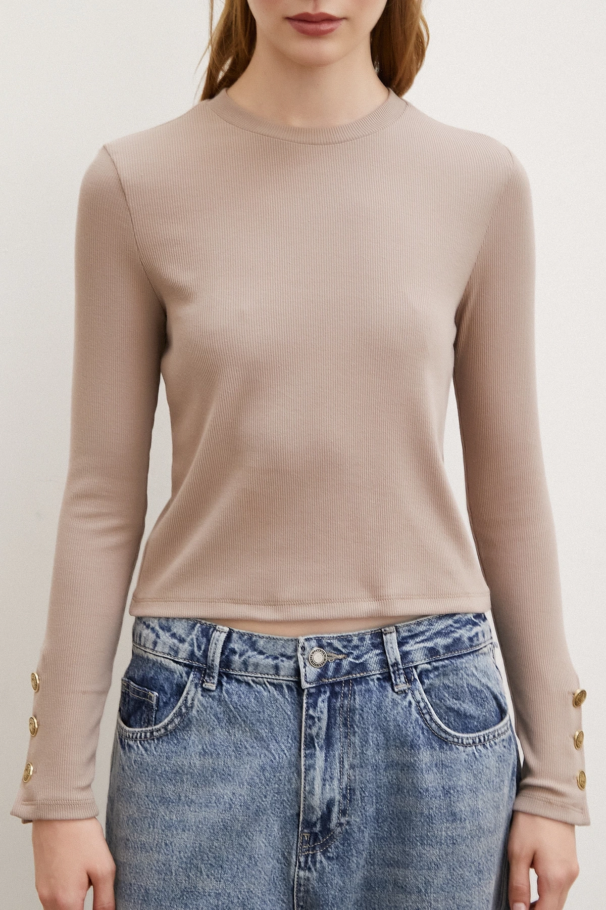 Kollu Düğmeli Bluz Vizon