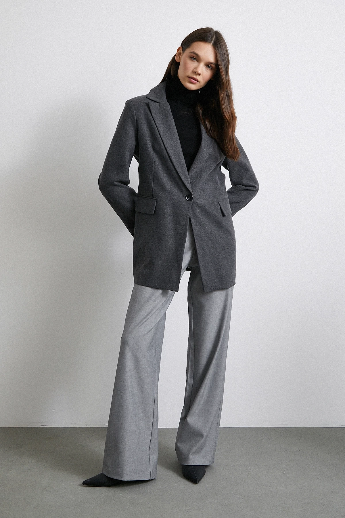 Yüksek Bel Geniş Paça Pantolon Gri