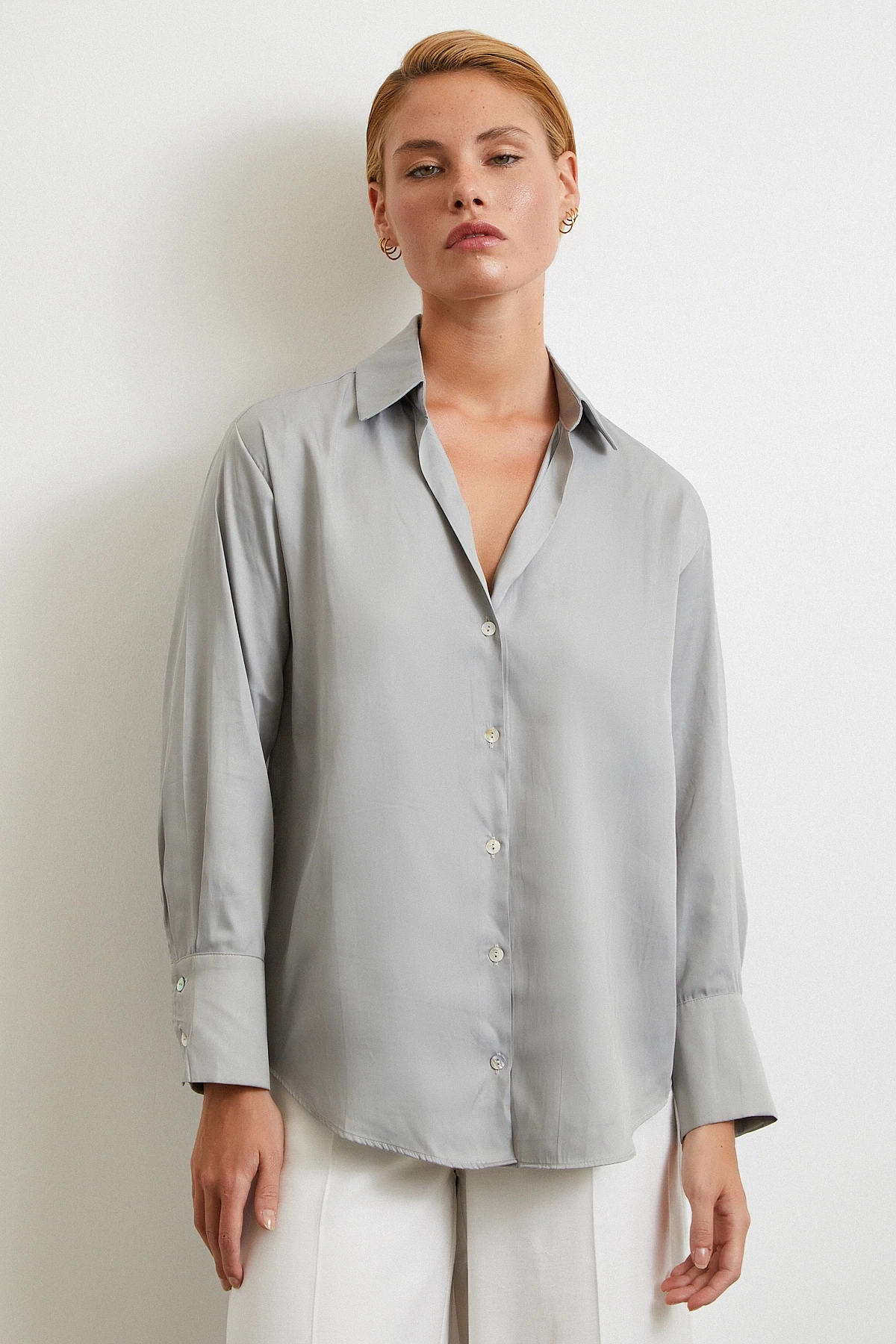 Diagonal Desen Gömlek Gri