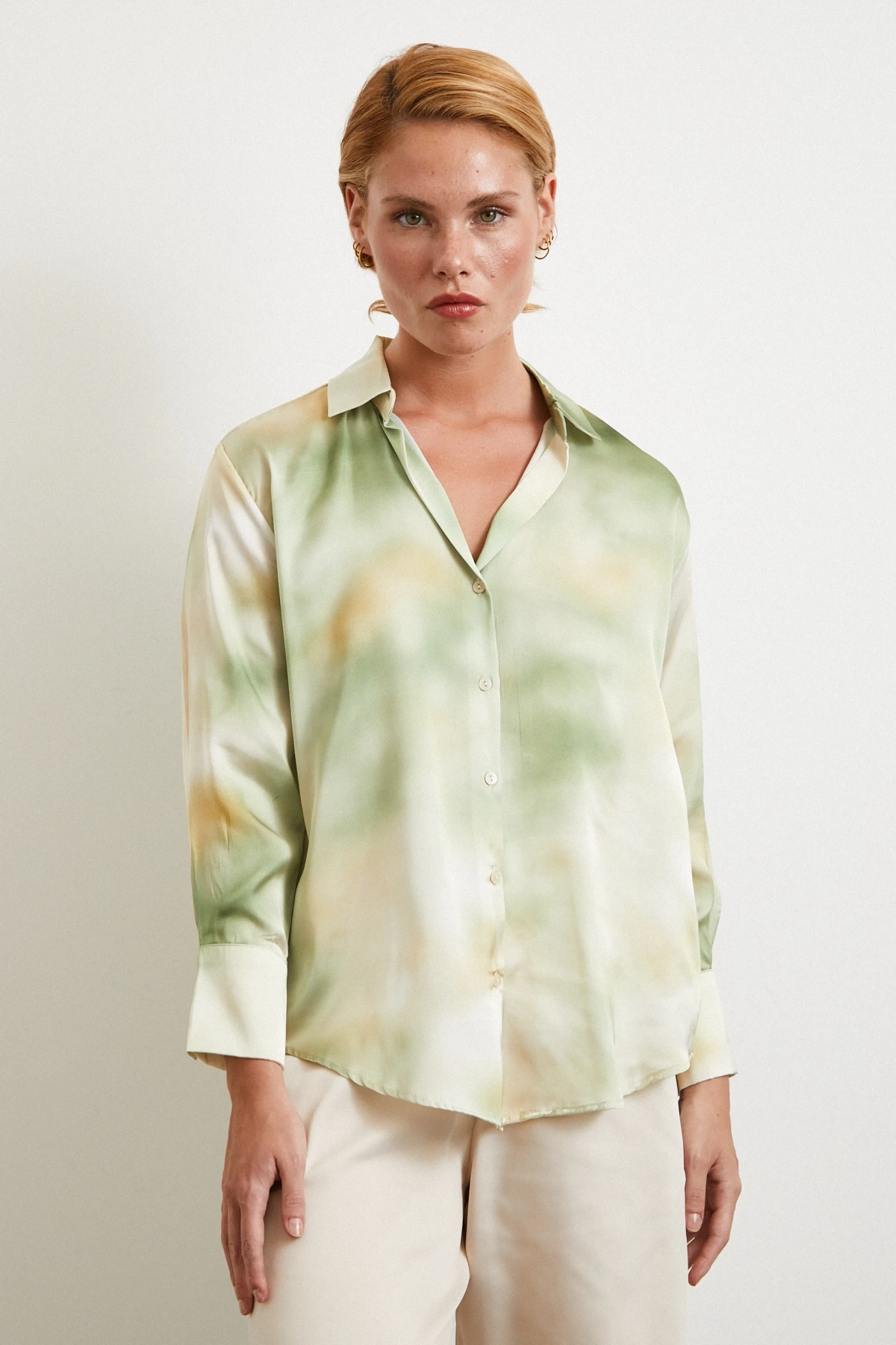 Ebruli Desen Saten GömleK Yeşil