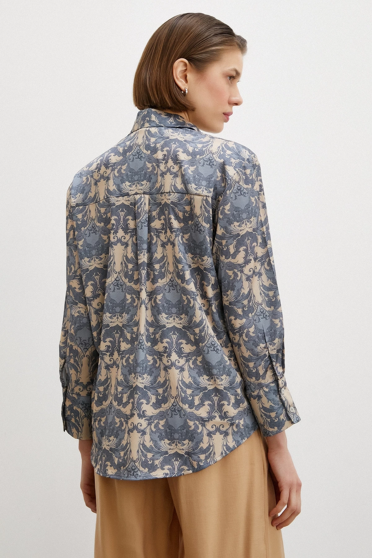 Şal Desenli V Yaka Gömlek Turkuaz