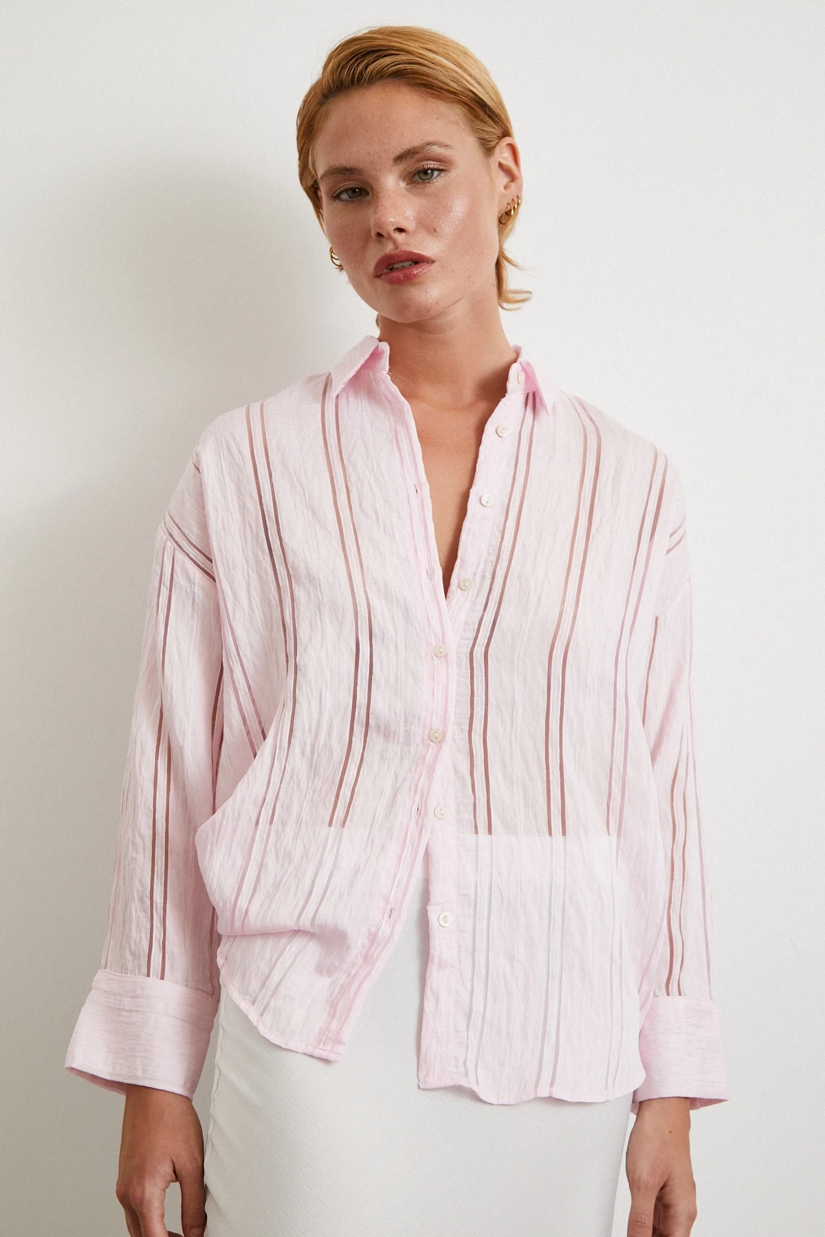 Organze Çizgili Gömlek Pembe