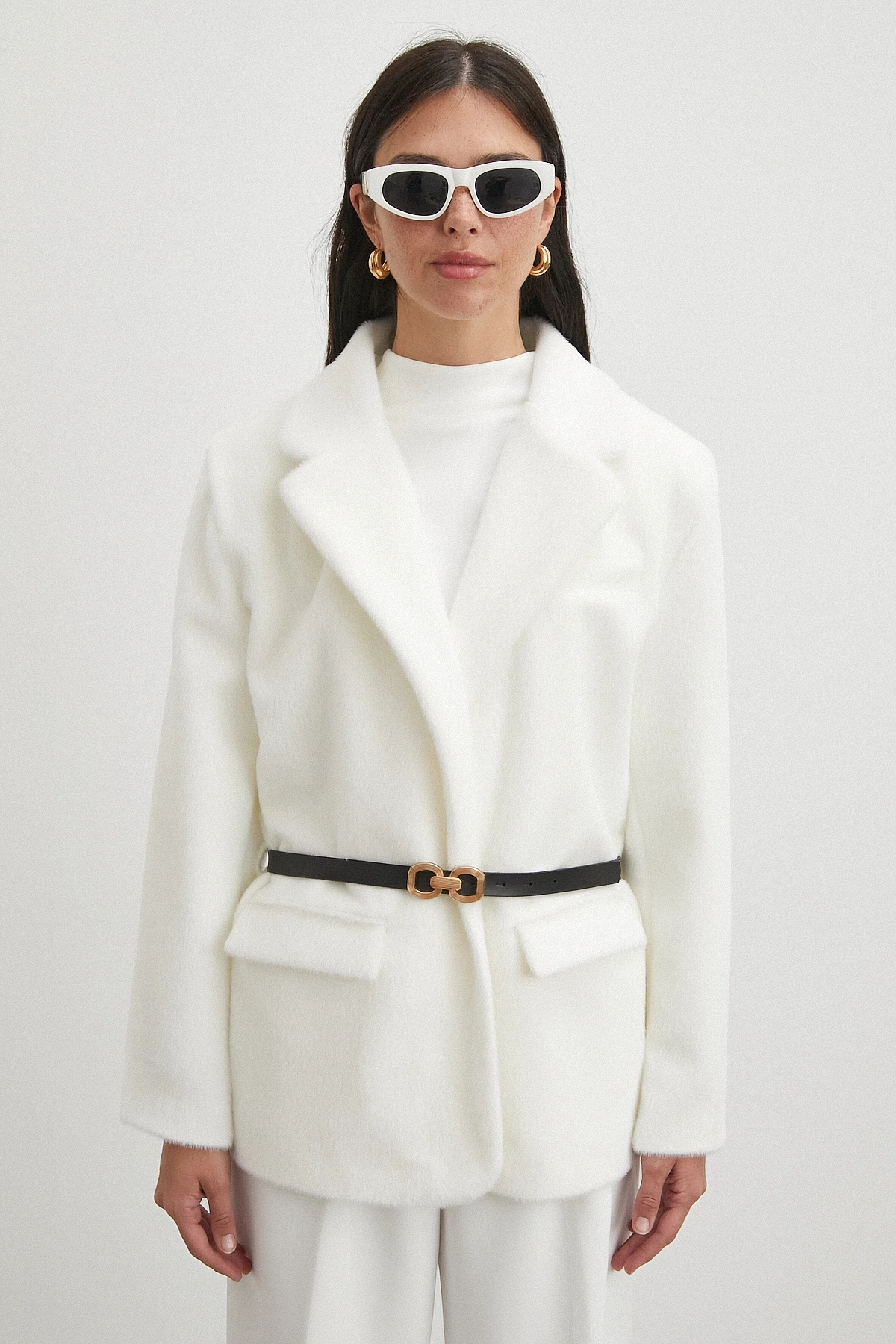 Kemerli Tay Flock Ceket Beyaz