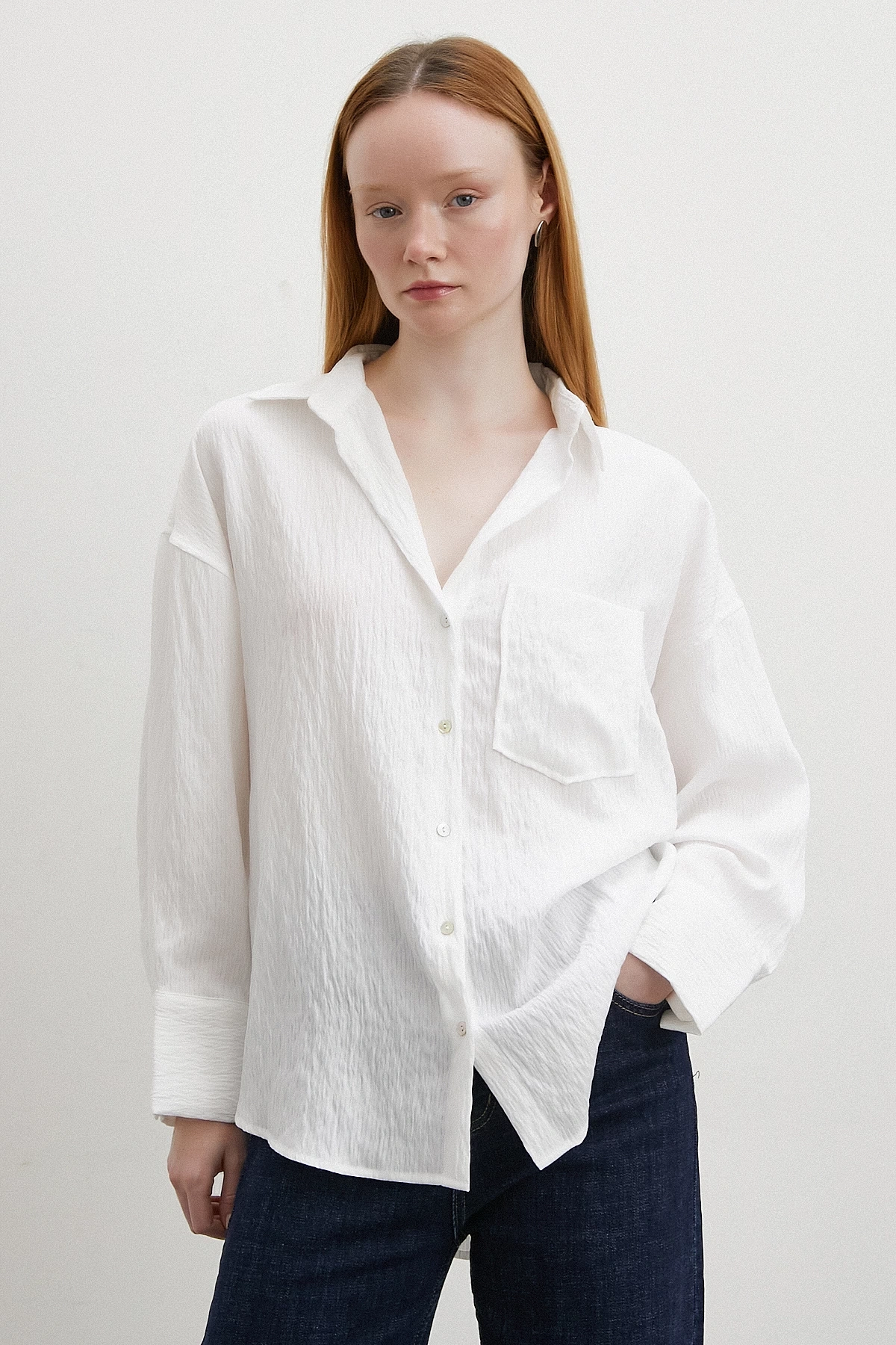 Kraşlı Cepli Gömlek Beyaz