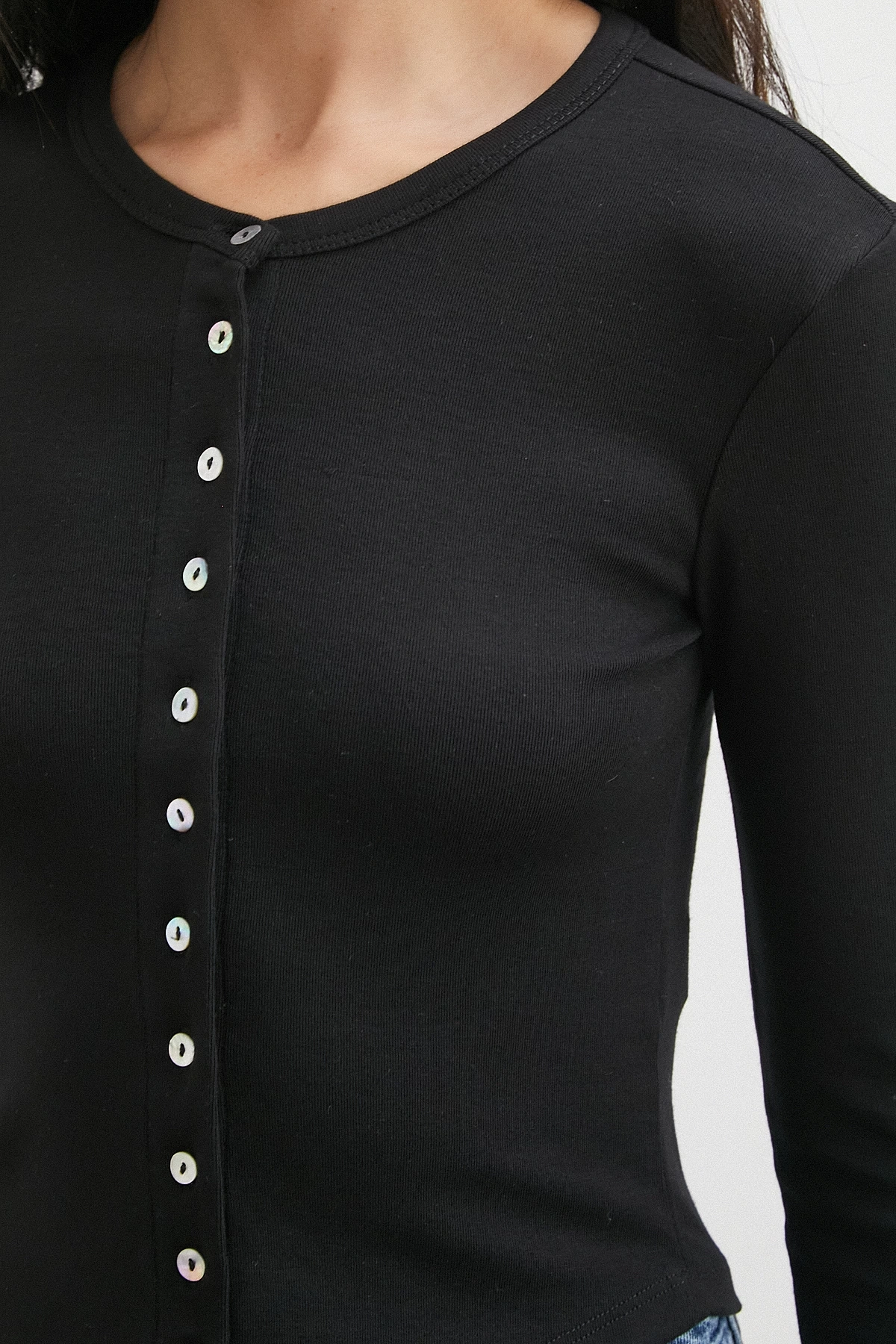 Düğmeli Uzun Kol Bluz Siyah