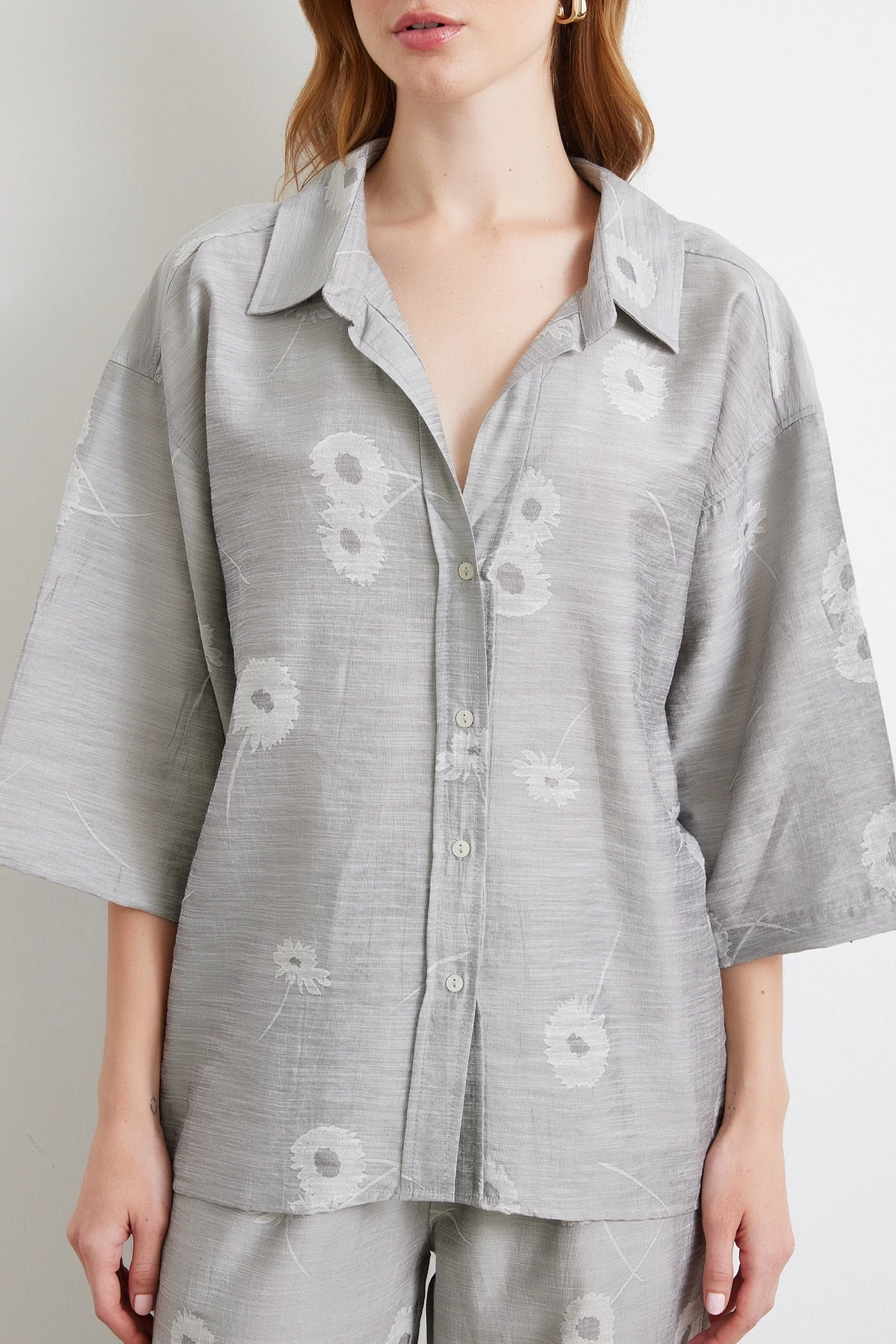 Fakir Kol Oversize Gömlek Gri