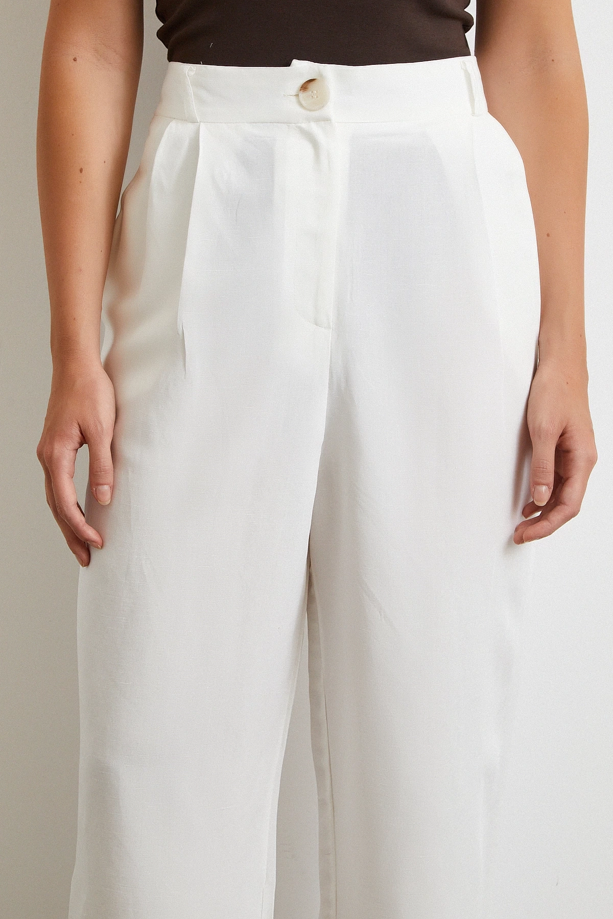 Çift Pileli Keten Pantolon Krem