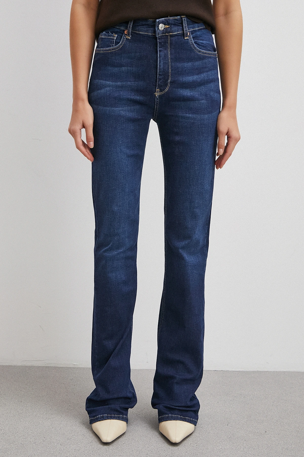 Yüksek Bel Likralı İspanyol Paça Jean Lacivert