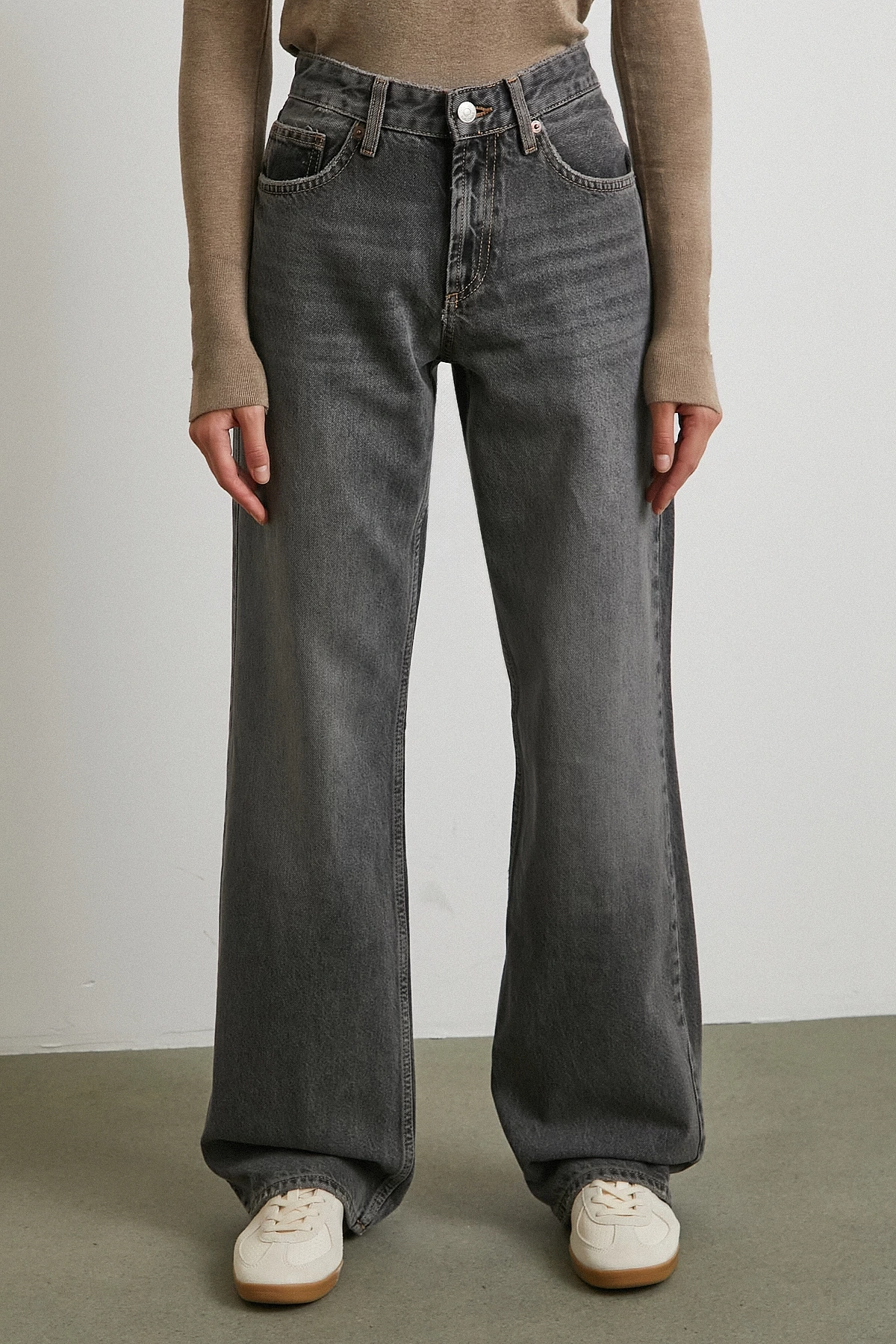 Beş Cepli Yüksek Bel Jean Gri