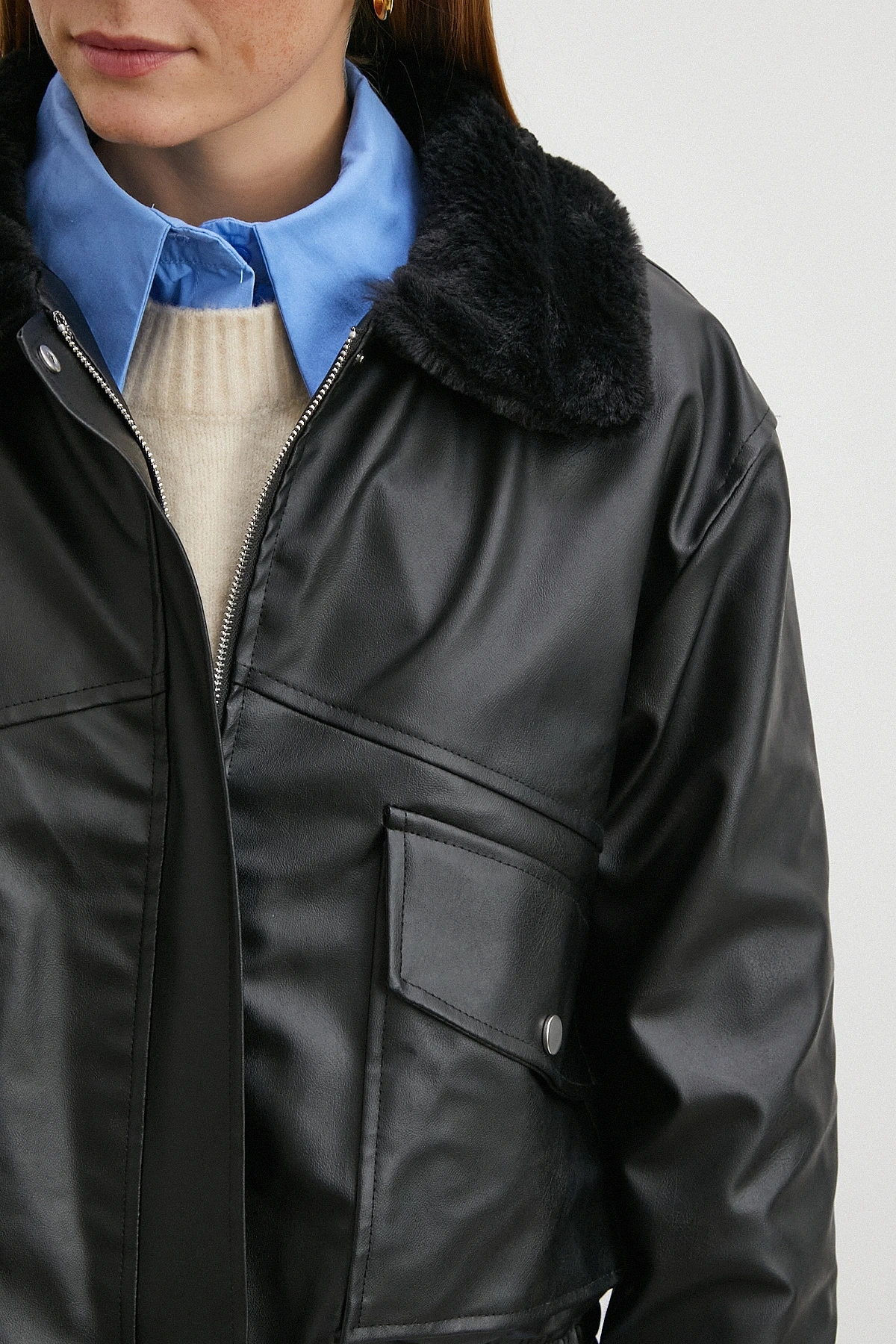 Peluş Astar Detaylı Deri Mont Siyah