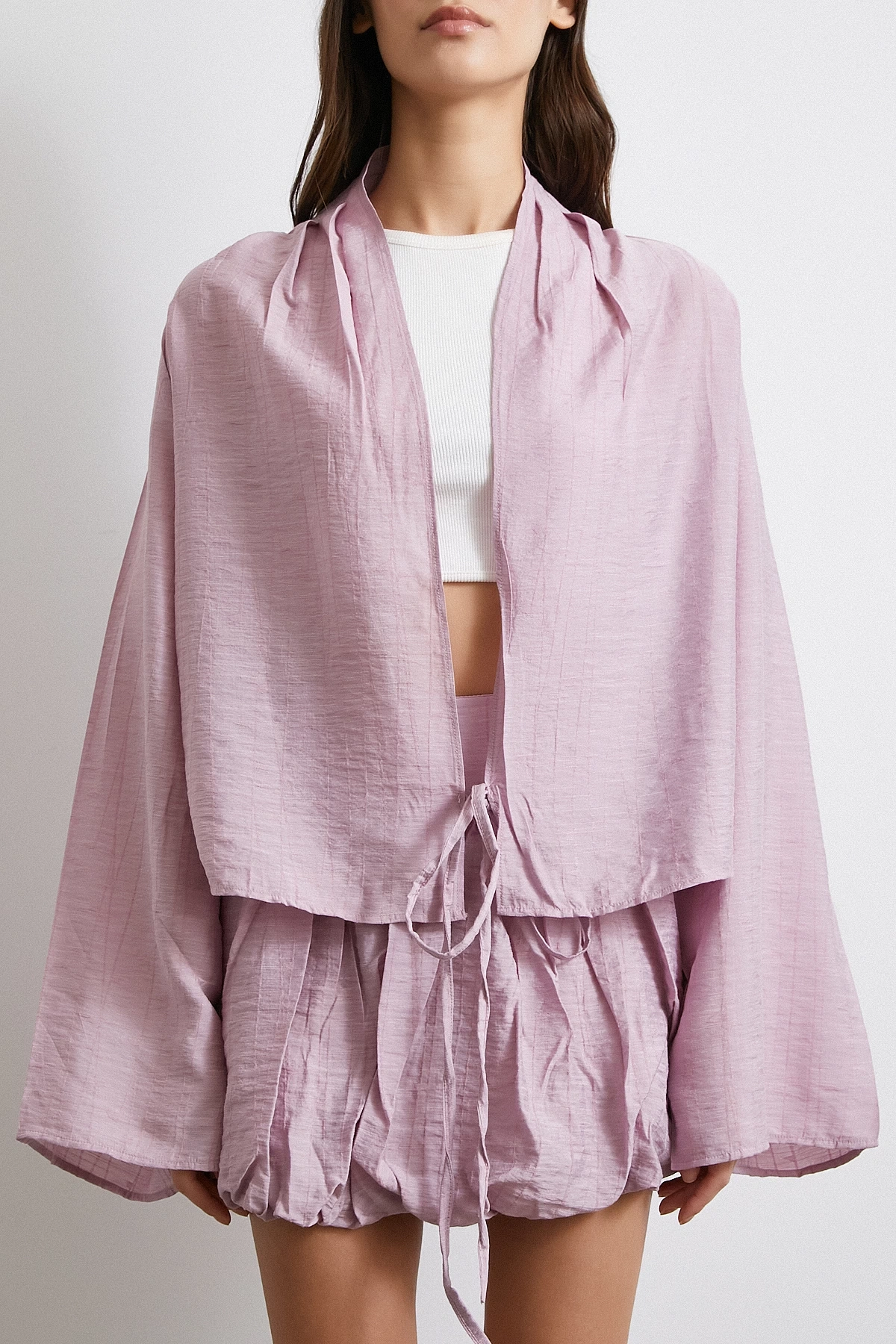 Geniş Kol Önden Bağlamalı Bluz Lila