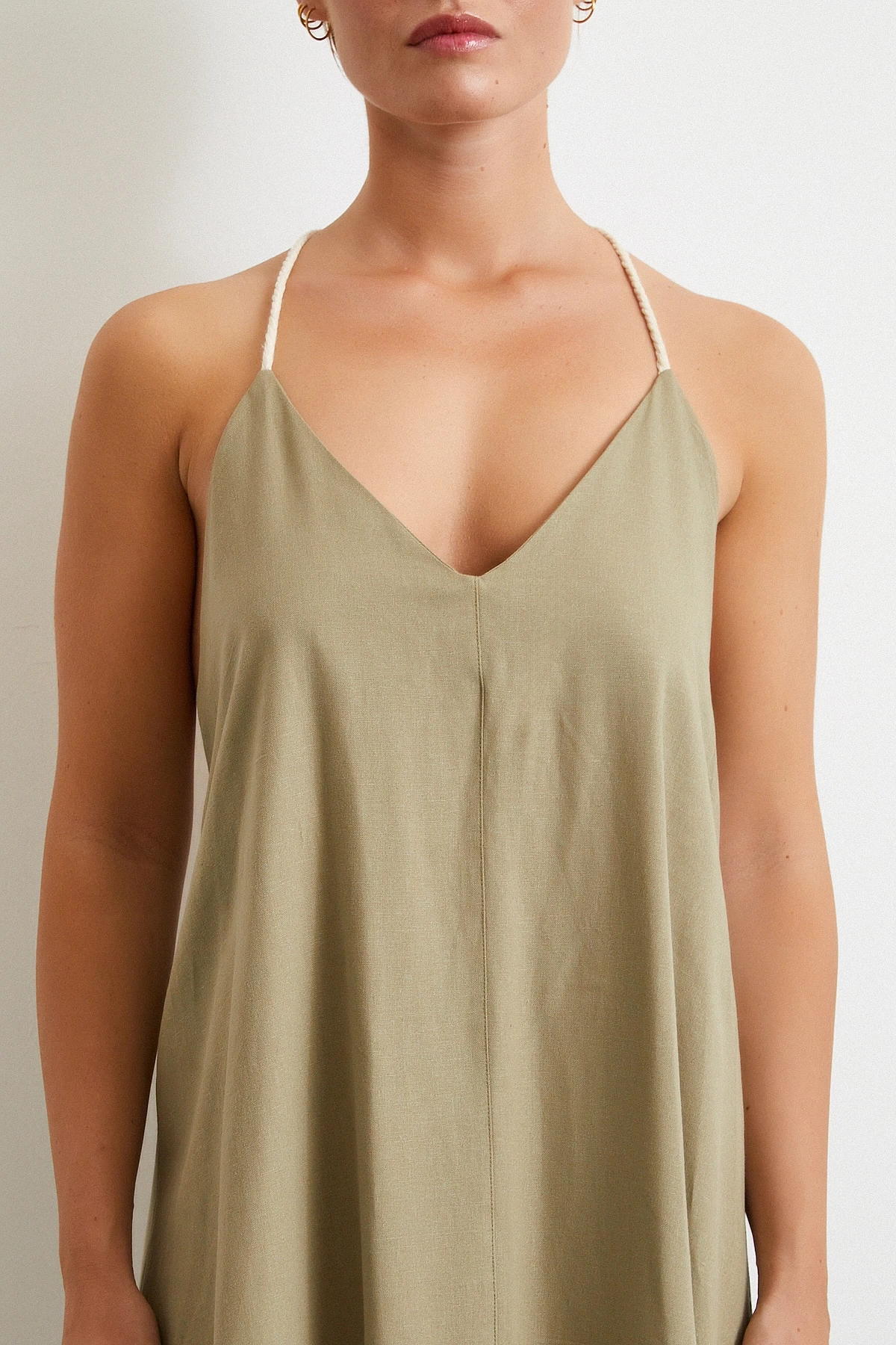İp Askılı Keten Elbise Haki
