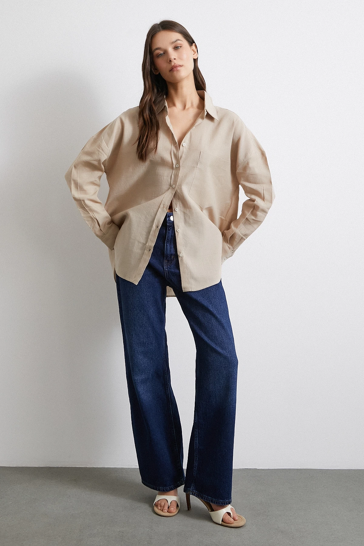 Cepli Oversize Keten  Gömlek Bej