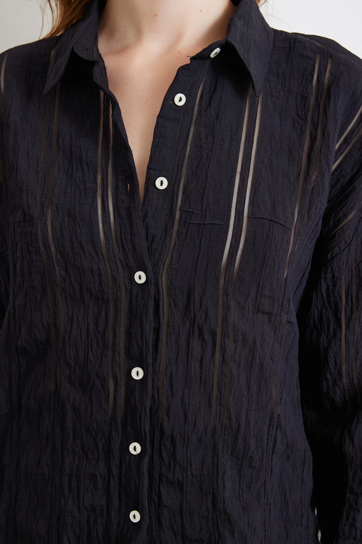 Organze Çizgili Gömlek Siyah