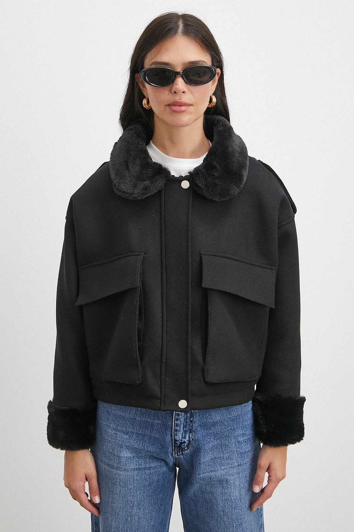 Apoletli Yünlü Körük Cepli Kaşe Mont Siyah
