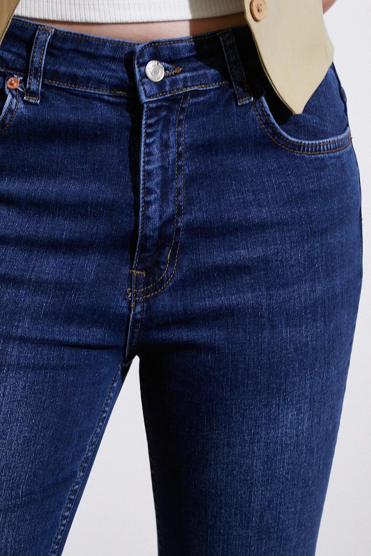 Yüksek Bel İspanyol Paça Jean Koyu Lacivert