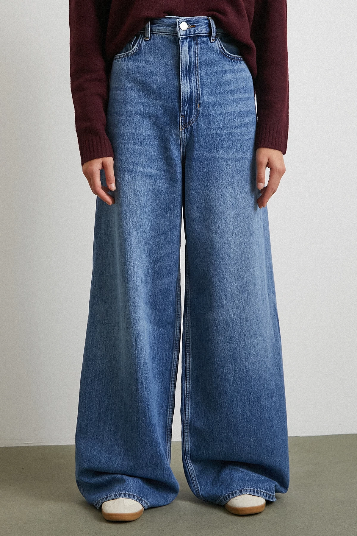 Yüksek Bel Geniş Paça Beş Cepli Jean Mavi