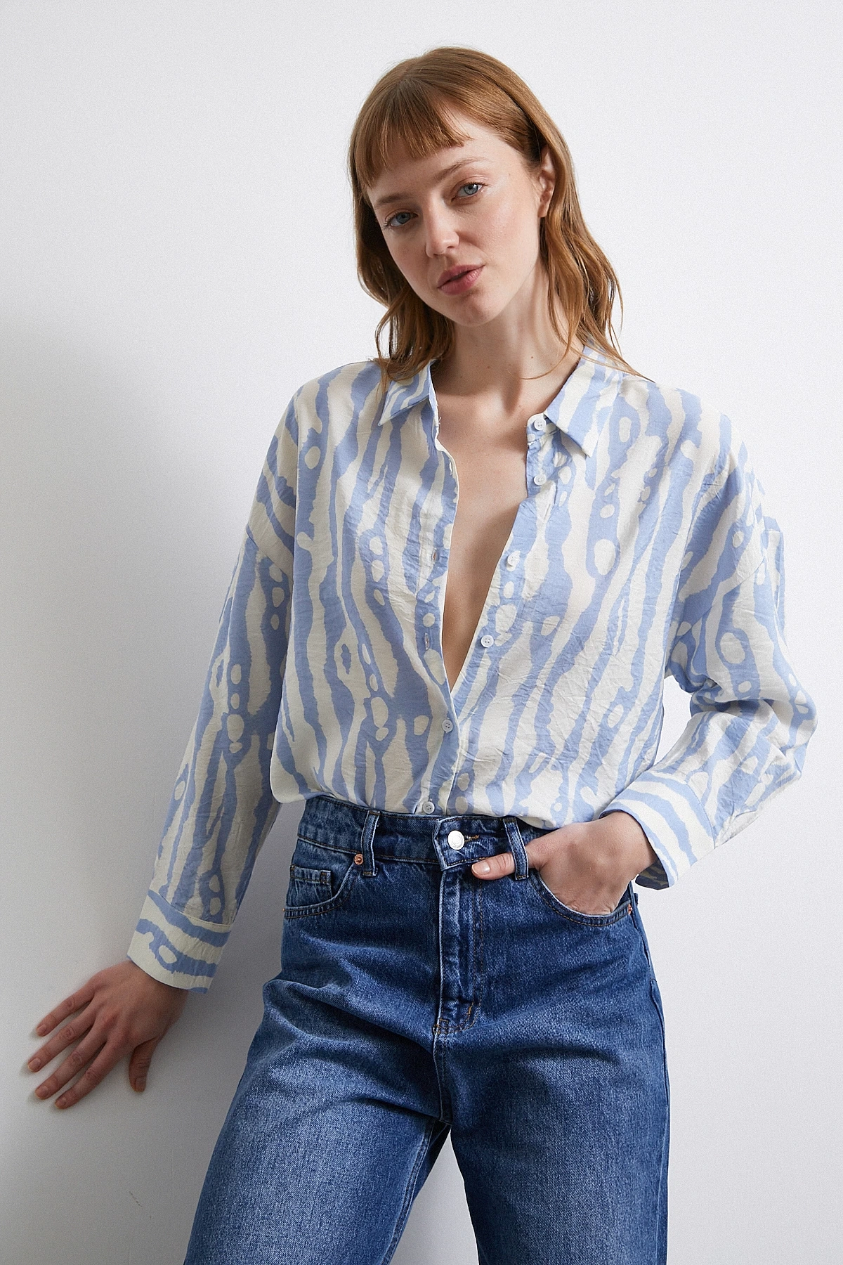 Zebra Desen Modal Gömlek Mavi