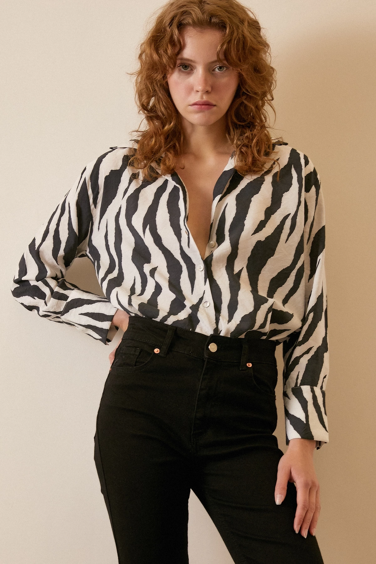 Zebra Desen Modal Gömlek Zebra Desen/Siyah