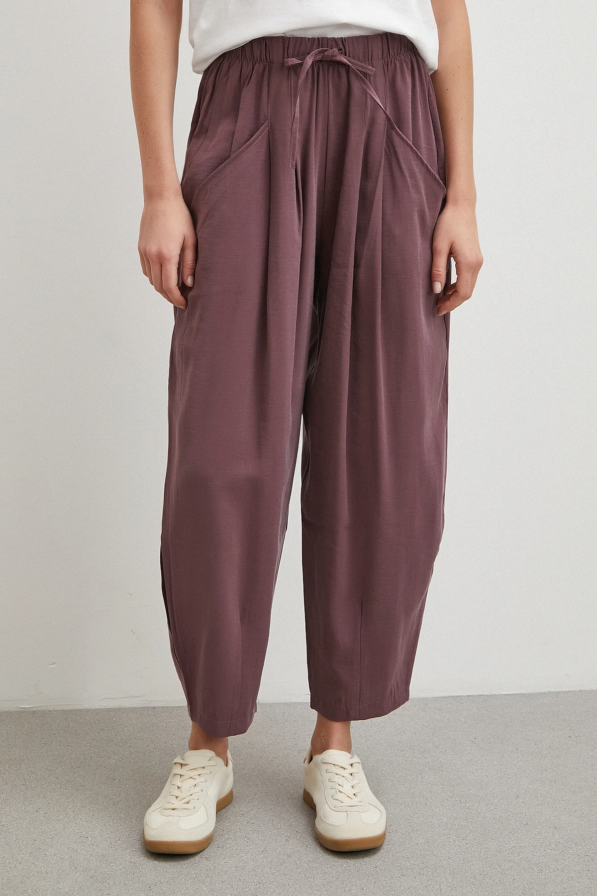 Bağcıklı Beli Lastikli Pileli Pantolon Mürdüm