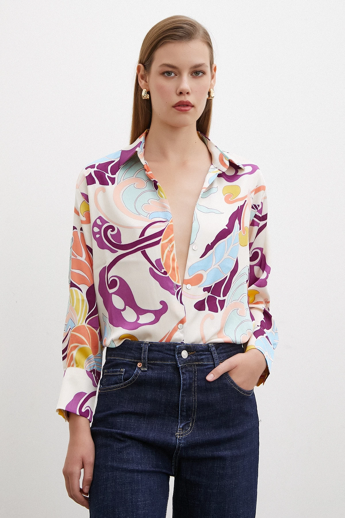 İpek Desen Gömlek Mor