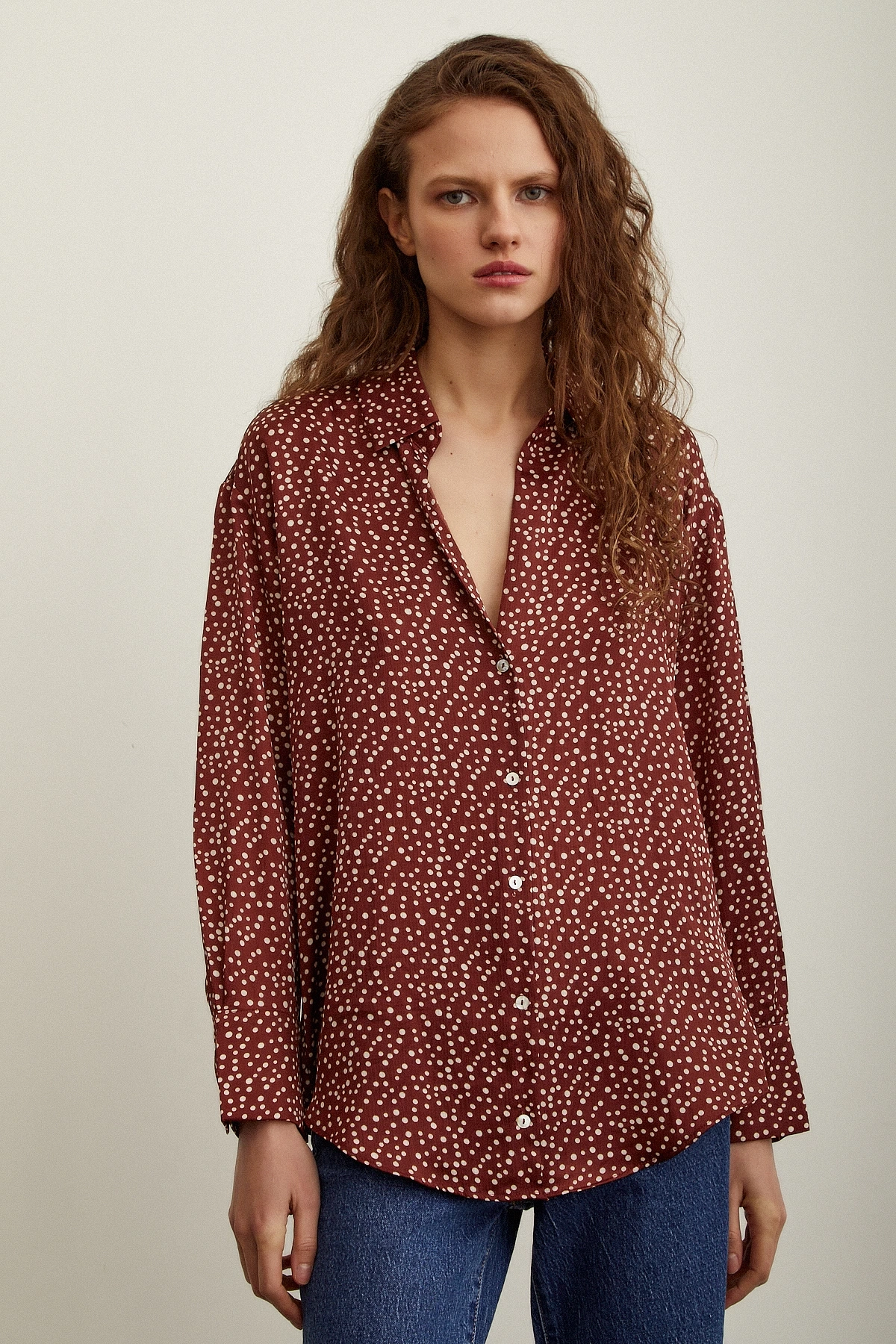 Puantiye Desenli Saten Gömlek Kiremit