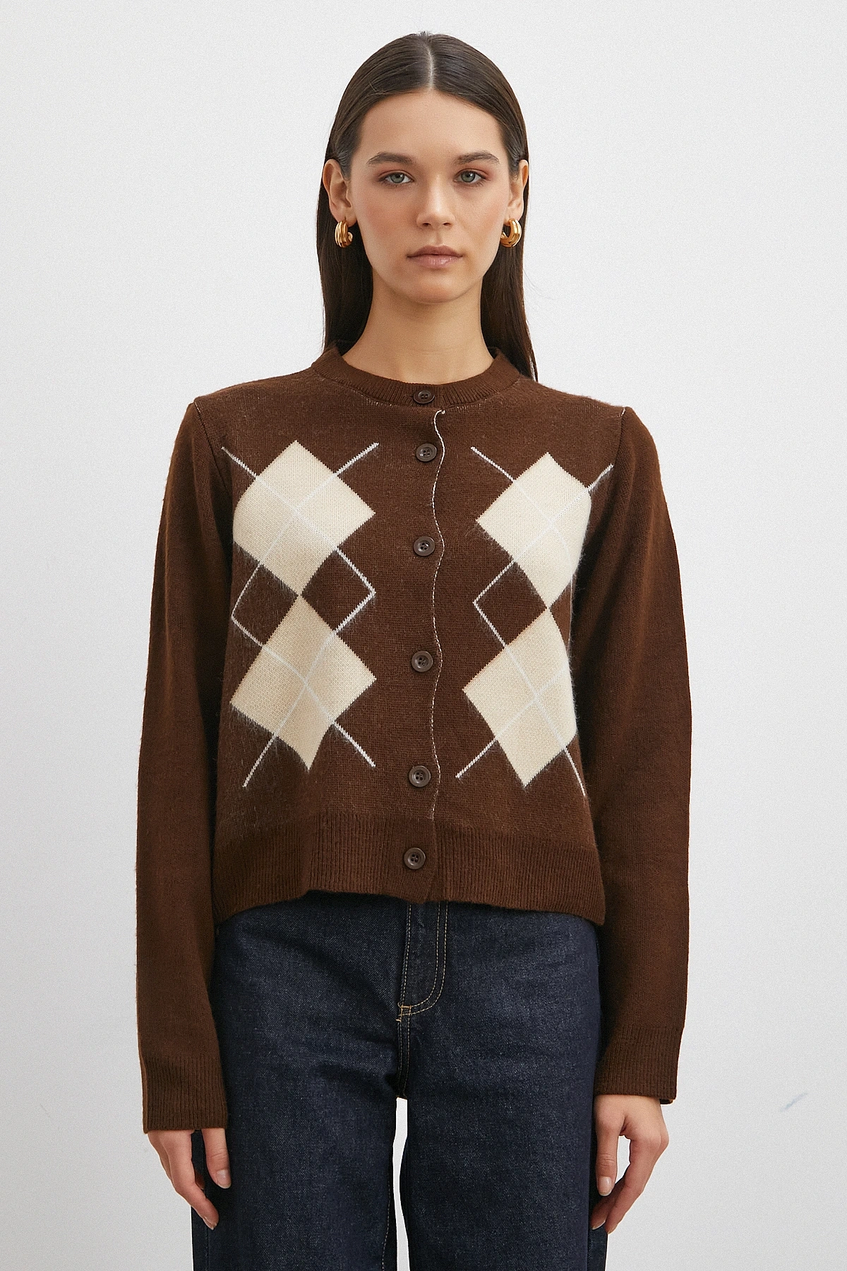 Düğmeli Baklava Desenli Hırka Kahve