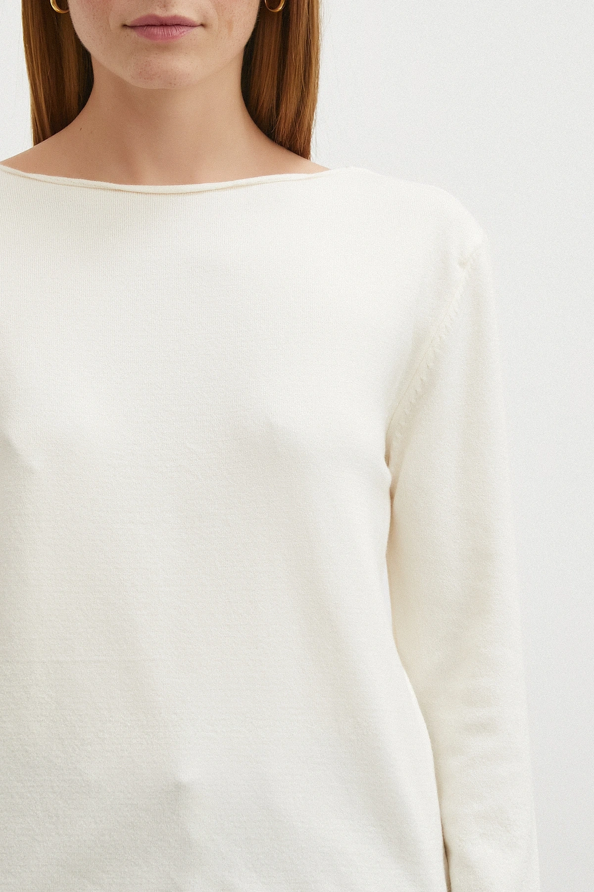 Kayık Yaka Uzun Kol Kazak Ekru