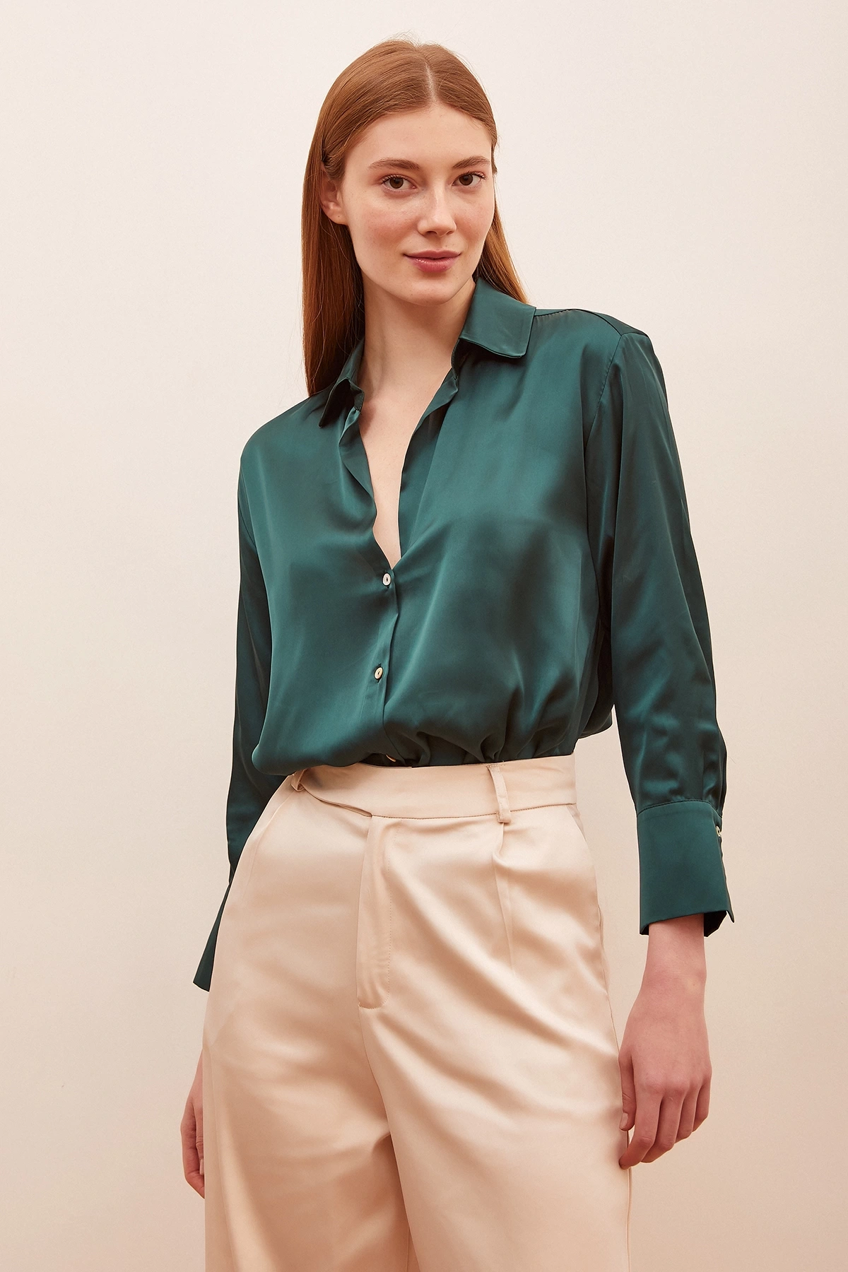 Basic Saten Gömlek Koyu Yeşil