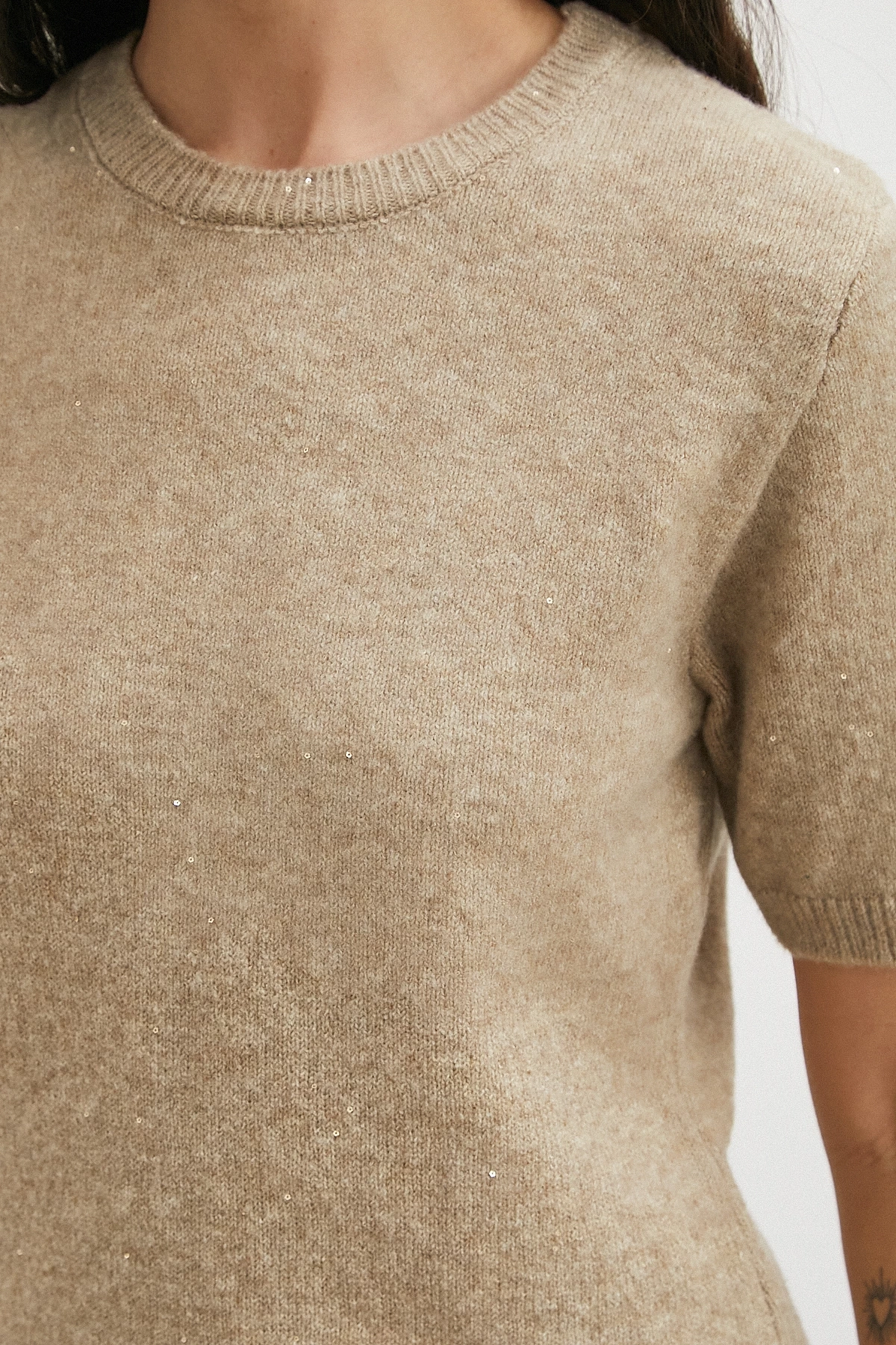 Simli Kısa Kol Kazak Vizon