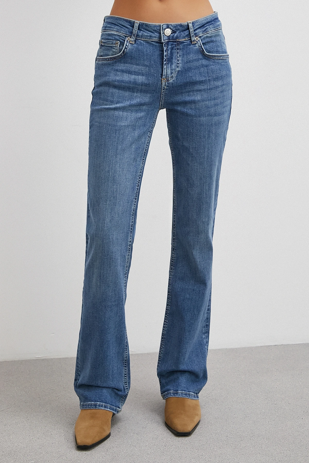 Orta  Bel Likralı İspanyol Paça Jean Mavi