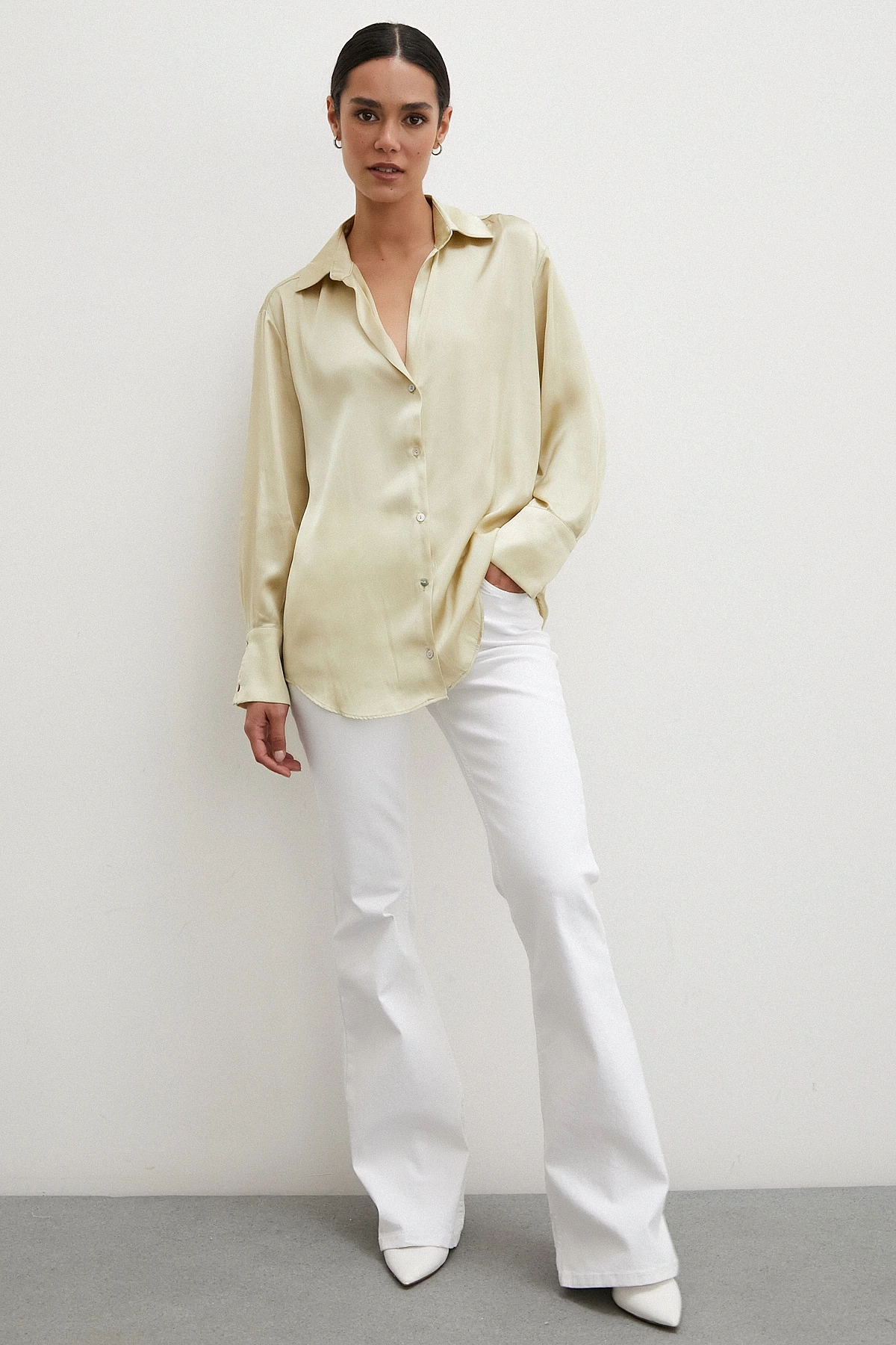 Basic Saten Gömlek Bej