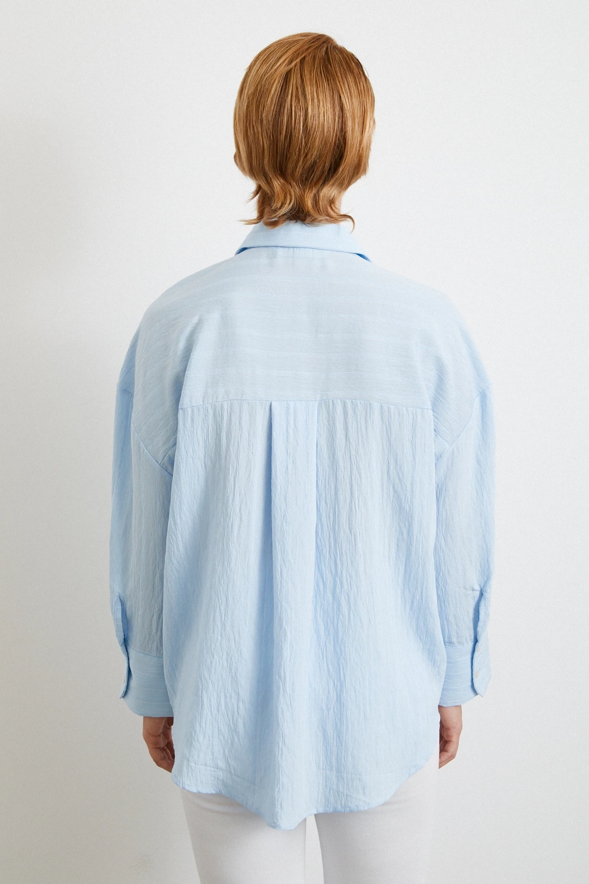 Kabartma Çizgili Oversize Gömlek Mavi