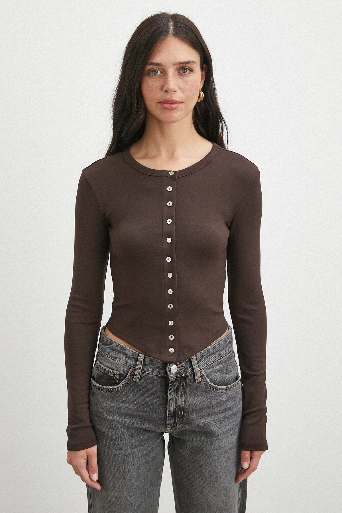 Düğmeli Uzun Kol Bluz Kahve
