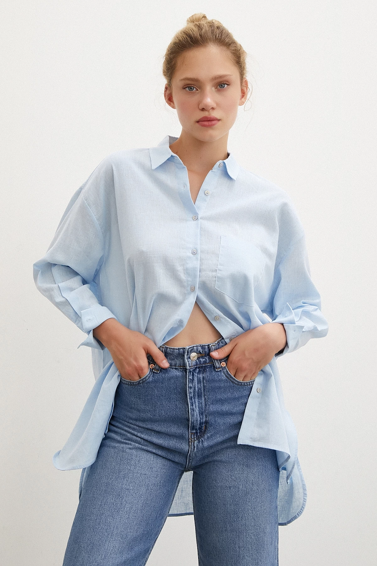 Midi Boy Keten Gömlek Mavi