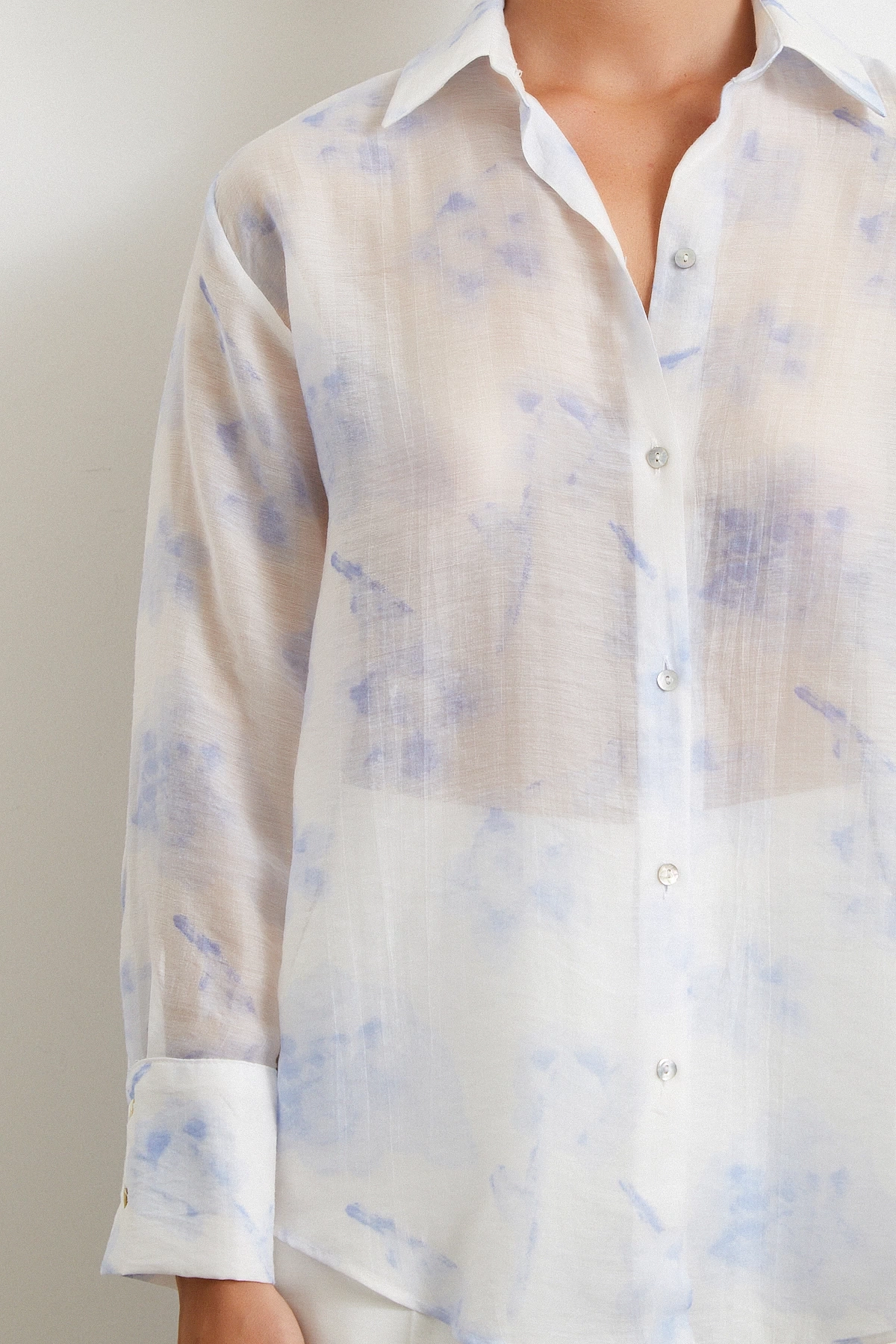 Organze Desenli Tül Gömlek Mavi