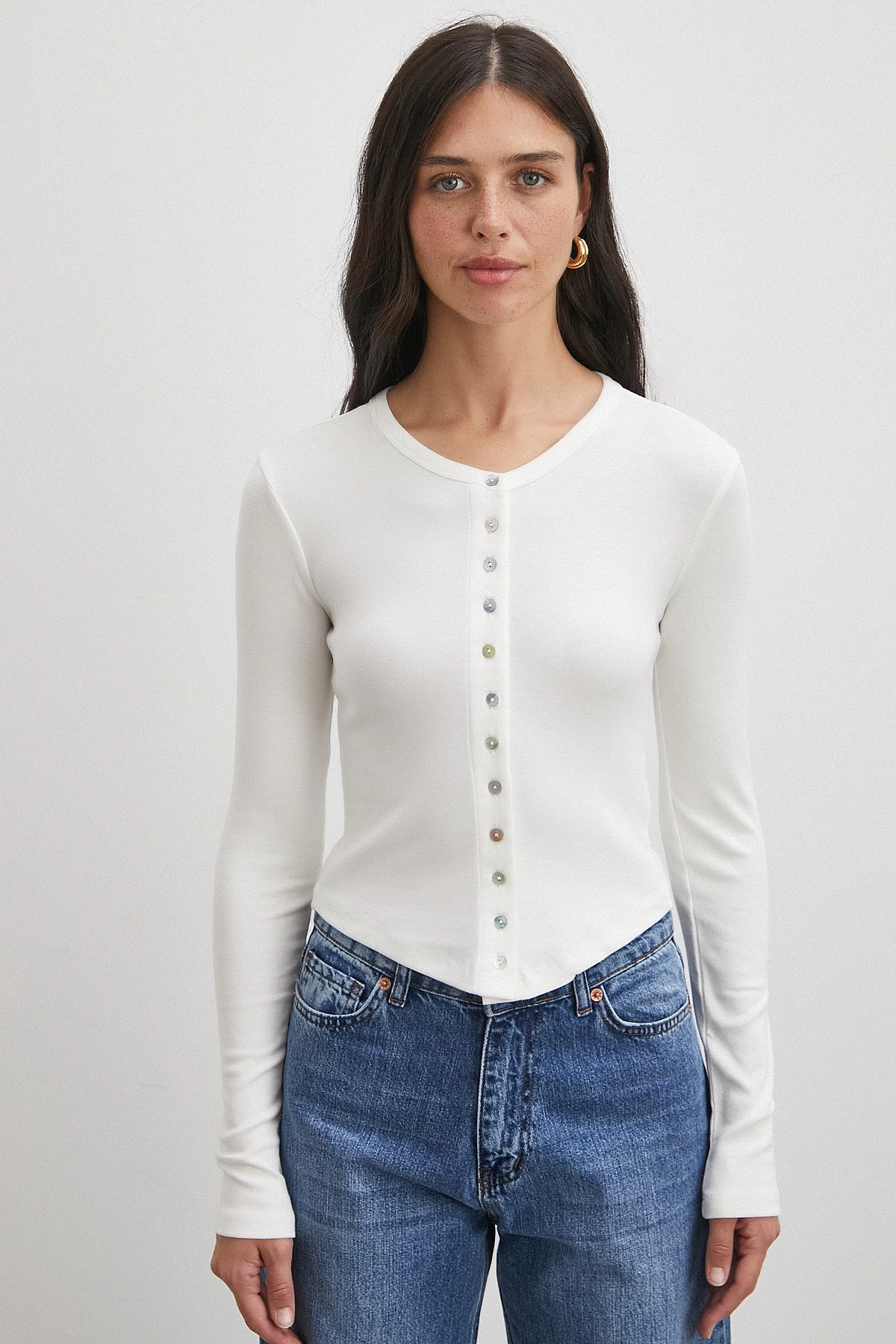 Düğmeli Uzun Kol Bluz Beyaz